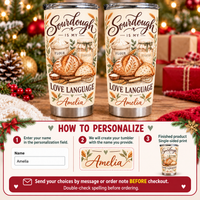Personalized sourdough tumbler with bread design and instructions for adding a custom name.
