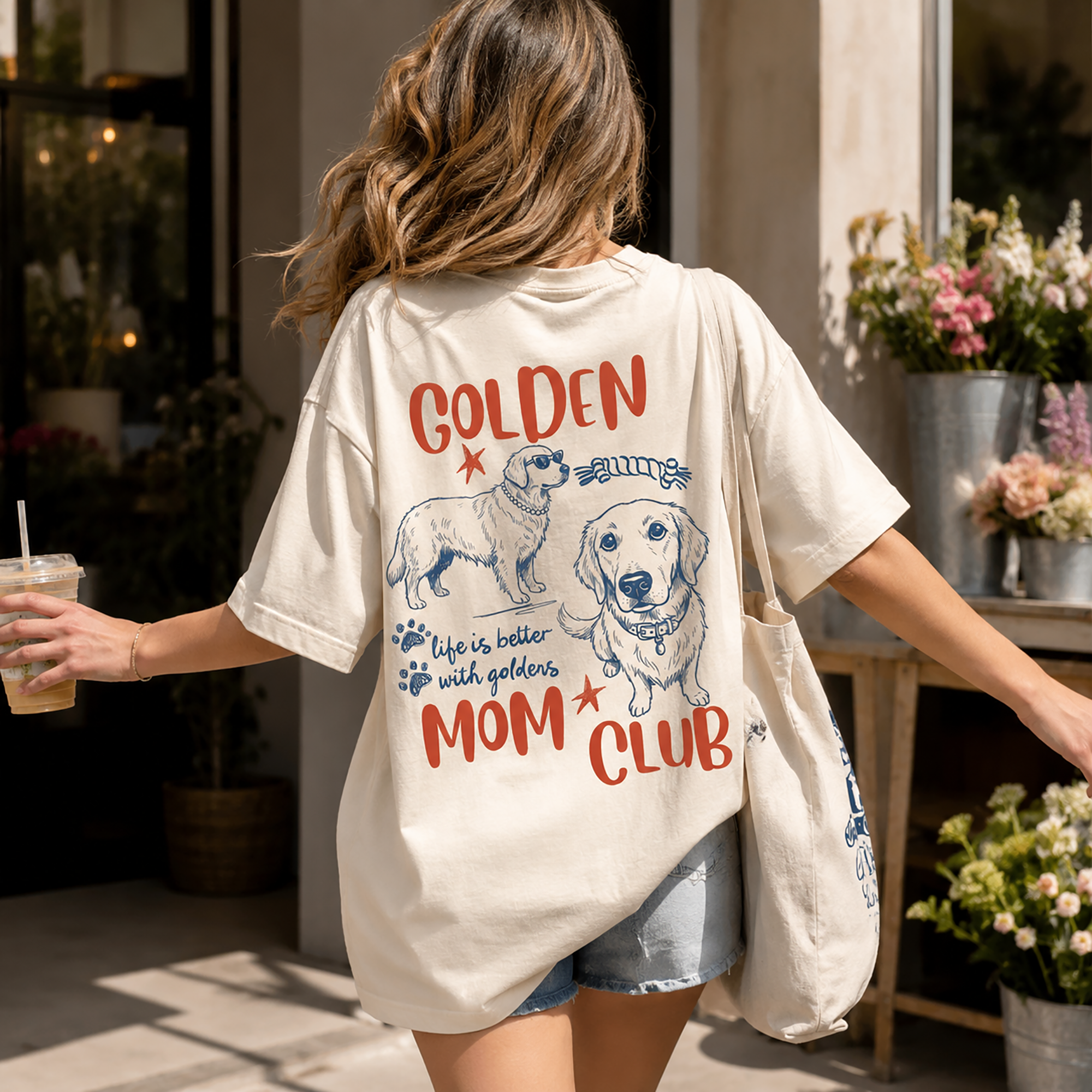 Bojjico Life Is Better With Golden Mom Club Shirt Oversized Graphic Tee Dog Moms Retro Preppy Aesthetic Light Pink Cotton Golden Lover Gift Retro Golden Retriever Dog Mom Tee Unique Gift For Pet Lover Heavyweight Washed T-shirt