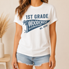 Bojjico Custom Personalized Grade And School Name Pennant Teacher Back To School Graphic T-Shirt For Educators Preppy Varsity Collegiate Coquette Aesthetic White Cotton Tee Matching School Spirit Team Outfit Appreciation Gift