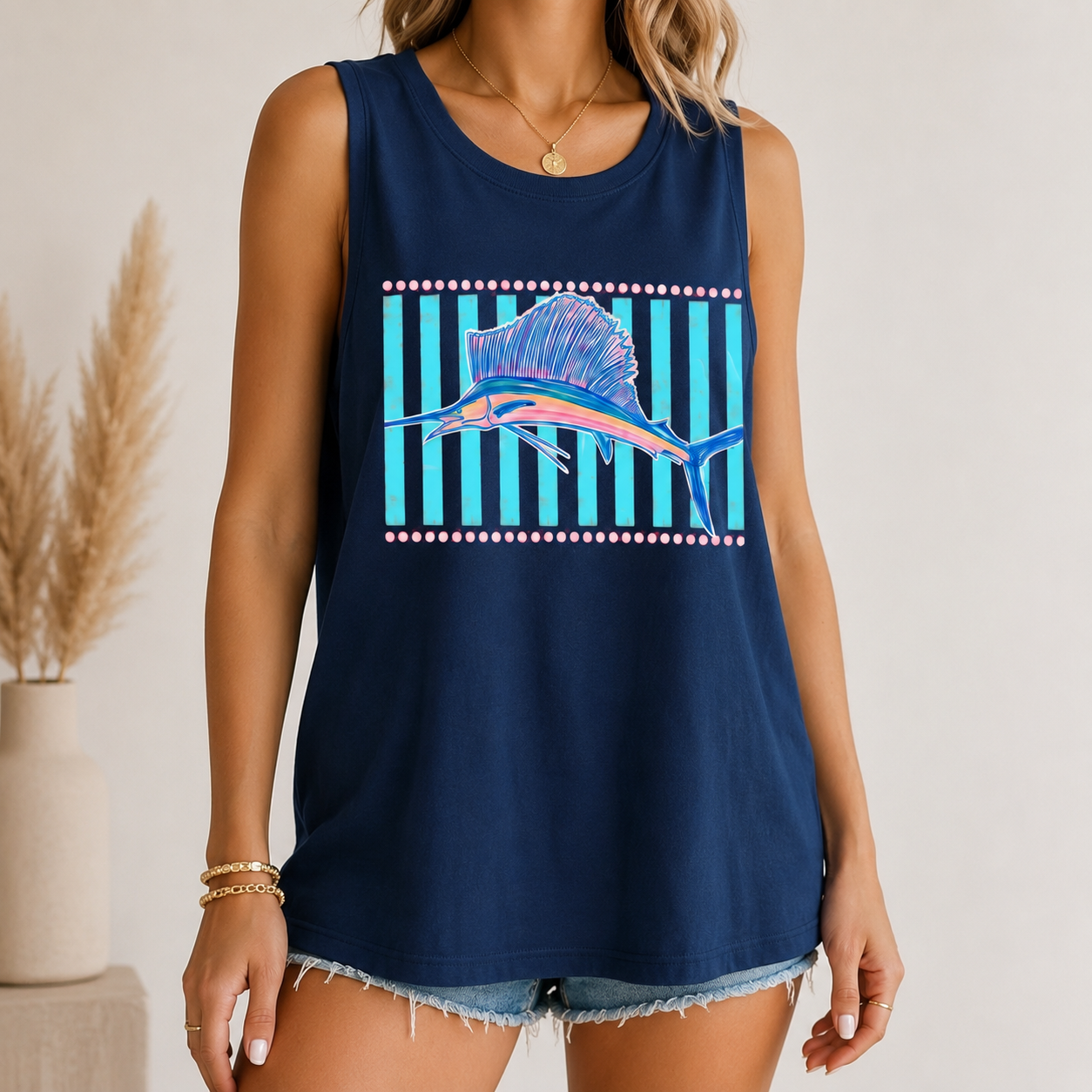 BojjiCo Retro Sailfish Shirt Tank Top for Men Coastal Tropical Beachcore Aesthetic Purple Cotton Teal Pink Graphic Deep Sea Fishing Beach Vacation Apparel Sleeveless Marlin Sportfishing Vintage Fisherman Dad Gifts Summer Graphic Tee