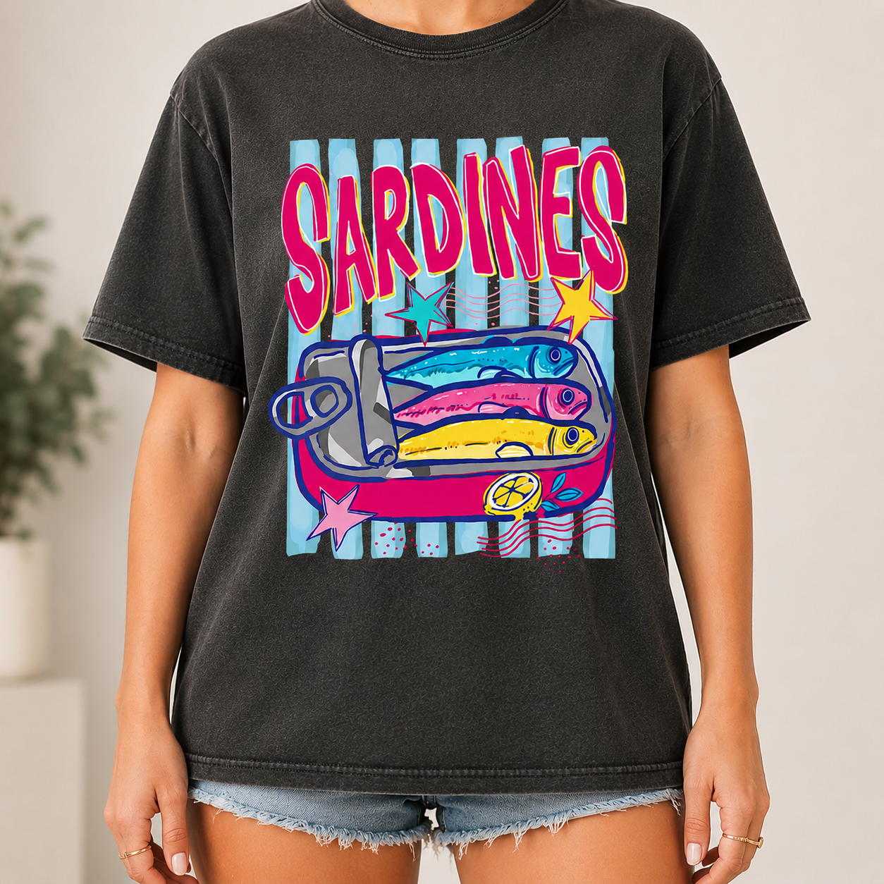 Bojjico Quirky Sardines Shirt Funny Retro Graphic T-Shirt for Women Oversized Y2K Pop Art Sardinecore Aesthetic Tinned Fish Tee Vintage Washed Charcoal Cotton Short Sleeve Crewneck Top Girly Boutique Fisherman Summer Outfit
