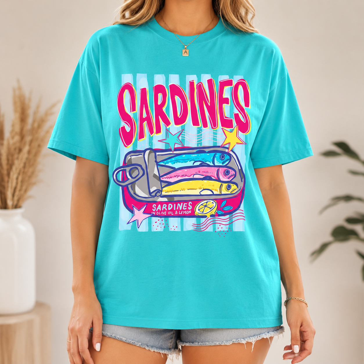 Bojjico Quirky Sardines Shirt Funny Retro Graphic T-Shirt for Women Oversized Y2K Pop Art Sardinecore Aesthetic Tinned Fish Tee Vintage Washed Charcoal Cotton Short Sleeve Crewneck Top Girly Boutique Fisherman Summer Outfit