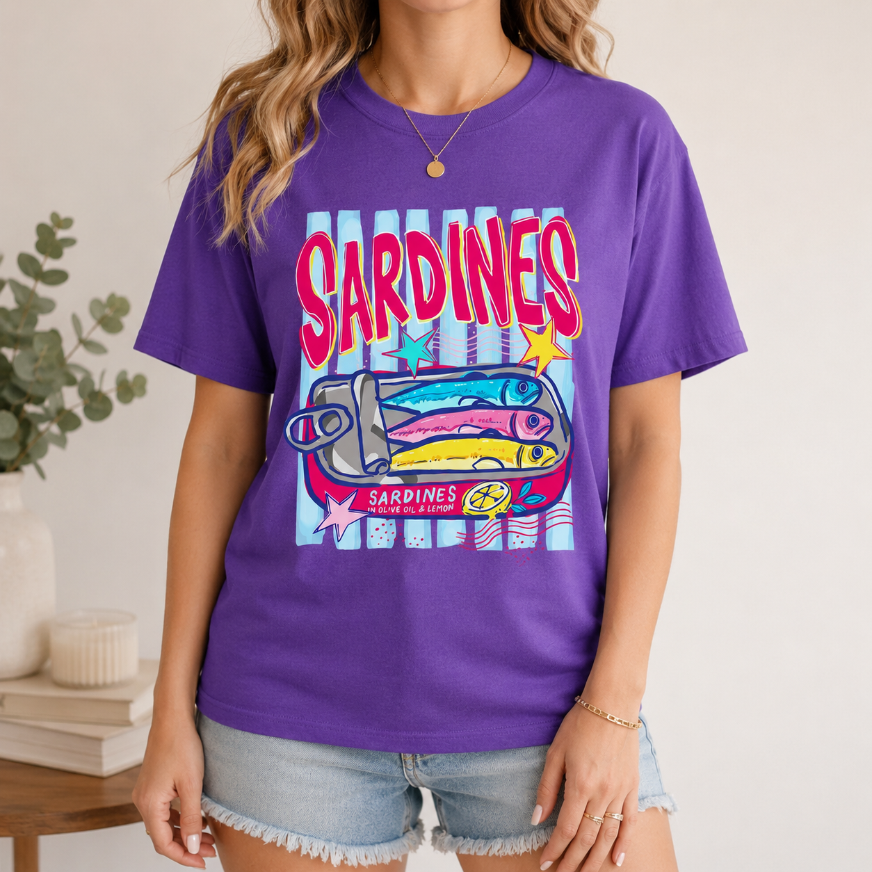 Bojjico Quirky Sardines Shirt Funny Retro Graphic T-Shirt for Women Oversized Y2K Pop Art Sardinecore Aesthetic Tinned Fish Tee Vintage Washed Charcoal Cotton Short Sleeve Crewneck Top Girly Boutique Fisherman Summer Outfit