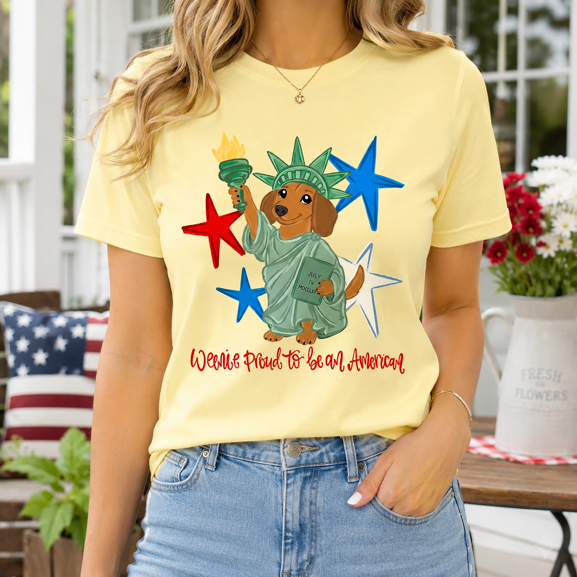 Bojjico Weenie Proud To Be An American T-Shirt for Women Patriotic Americana Dog Mom Pet Lover Short Sleeve Crew Neck Graphic Tee 4th of July Independence Day Dachshund Lovers Statue Of Liberty Cute Preppy Outfit