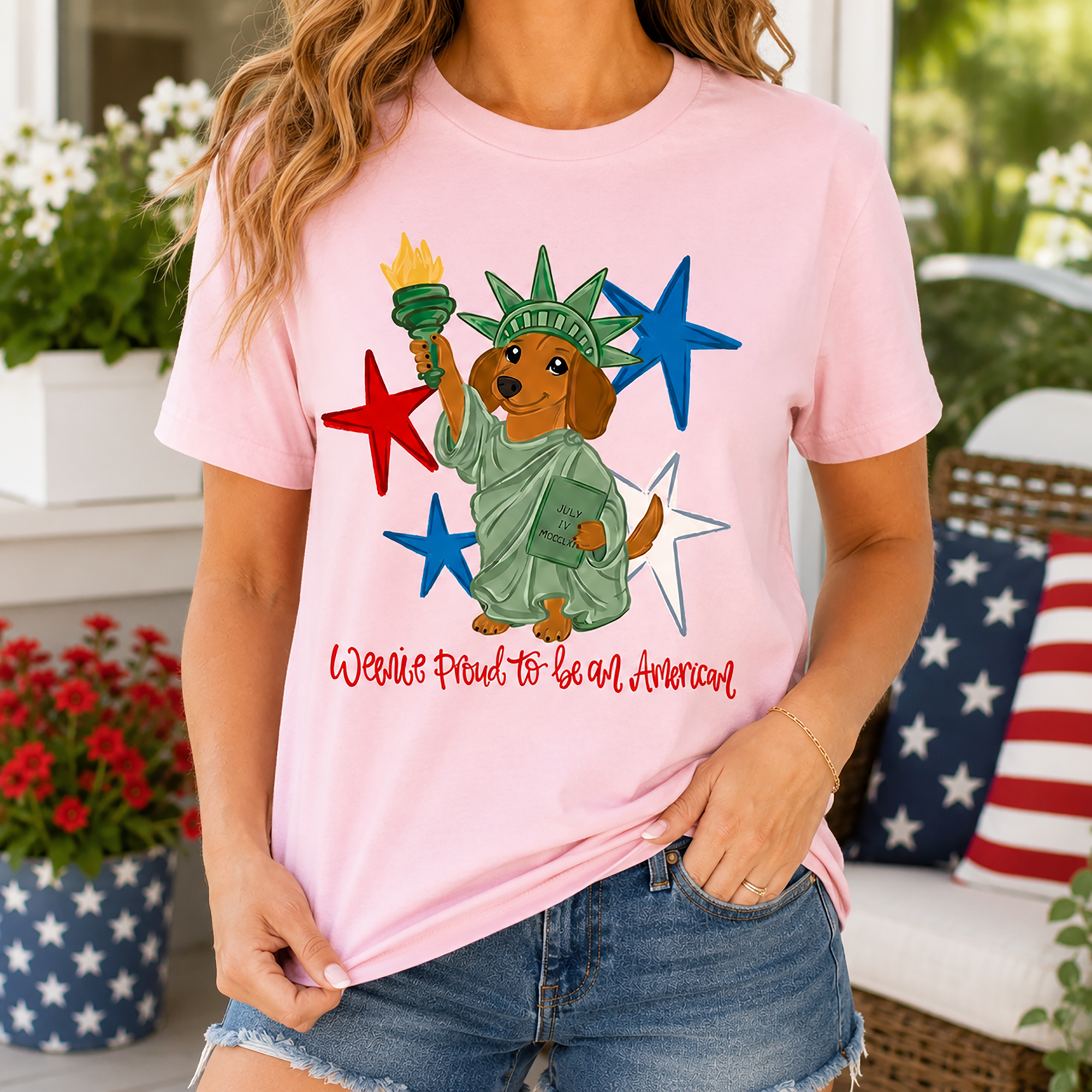 Bojjico Weenie Proud To Be An American T-Shirt for Women Patriotic Americana Dog Mom Pet Lover Short Sleeve Crew Neck Graphic Tee 4th of July Independence Day Dachshund Lovers Statue Of Liberty Cute Preppy Outfit
