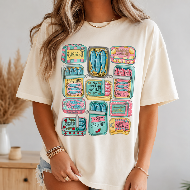 Bojjico Women's Sardine Collage Summer Tee Oversized Graphic T-Shirt Preppy Sardine-Core Coastal Grandmother Fisherman Aesthetic Mint Green Cotton Top Vintage Tinned Fish Graphic Quirky Foodie Portugal Vacation Shirt