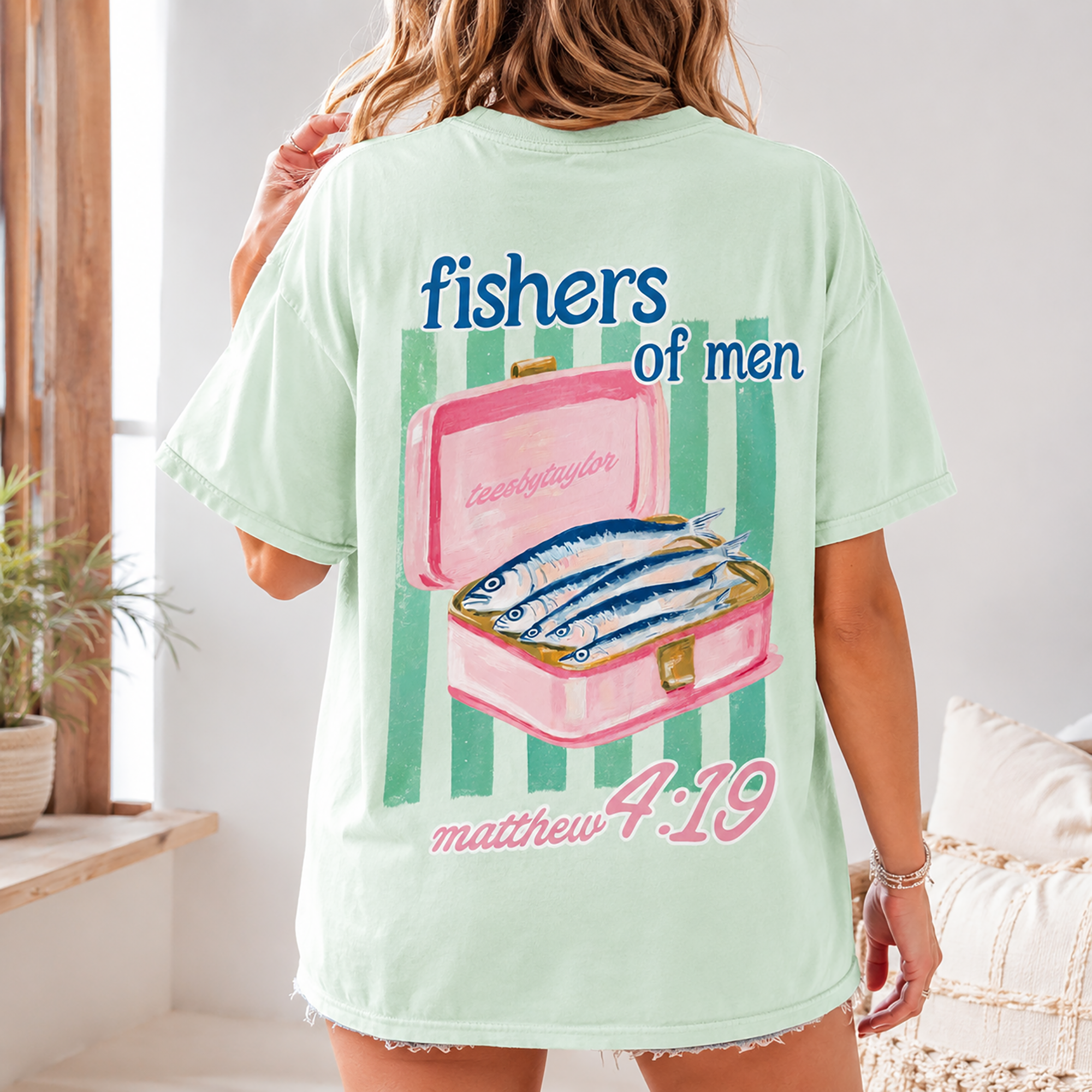 Bojjico Sardine Fishers of Men Oversized Graphic T-Shirt for Women Preppy Christian Coastal Tinned Fish Aesthetic Pastel Yellow Cotton Matthew 4:19 Bible Verse Tee Sardine Girl Summer Trendy Streetwear Pump Cover