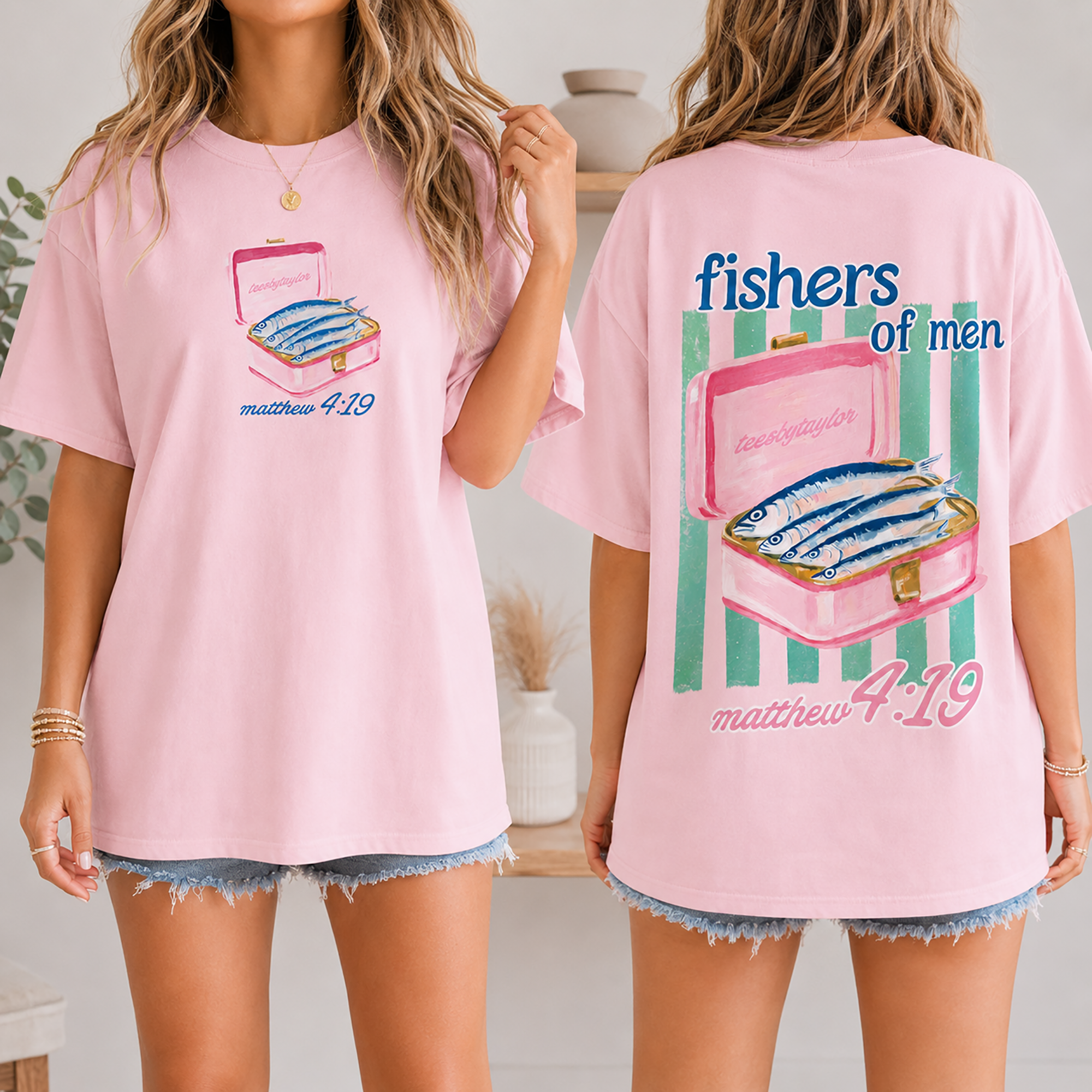 Bojjico Sardine Fishers of Men Oversized Graphic T-Shirt for Women Preppy Christian Coastal Tinned Fish Aesthetic Pastel Yellow Cotton Matthew 4:19 Bible Verse Tee Sardine Girl Summer Trendy Streetwear Pump Cover