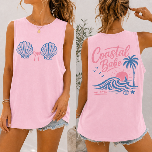 BojjiCo Coastal Baby Seashell Bra Back Party Bride and Bridesmaids Matching Summer Graphic Tank Top for Women Coconut Girl Coastal Babe Beachy Mermaidcore Summer Siren Aesthetic Light Pink Cotton Blend Casual Beach Vacation Y2K Sleeveless Muscle Shirt