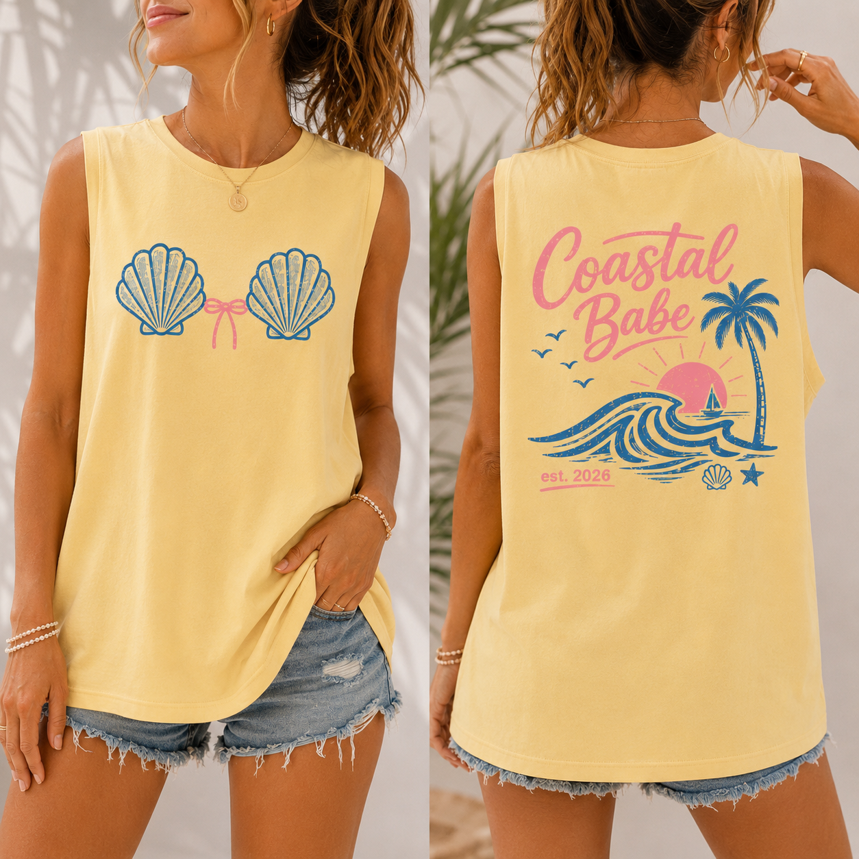 BojjiCo Coastal Baby Seashell Bra Back Party Bride and Bridesmaids Matching Summer Graphic Tank Top for Women Coconut Girl Coastal Babe Beachy Mermaidcore Summer Siren Aesthetic Light Pink Cotton Blend Casual Beach Vacation Y2K Sleeveless Muscle Shirt