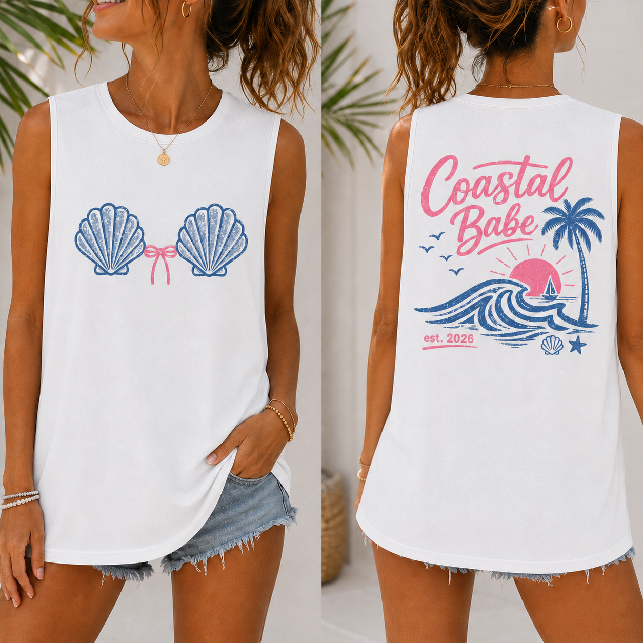 BojjiCo Coastal Baby Seashell Bra Back Party Bride and Bridesmaids Matching Summer Graphic Tank Top for Women Coconut Girl Coastal Babe Beachy Mermaidcore Summer Siren Aesthetic Light Pink Cotton Blend Casual Beach Vacation Y2K Sleeveless Muscle Shirt