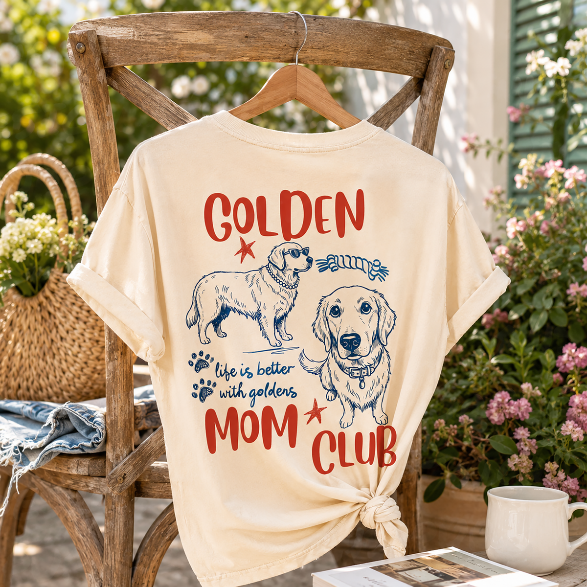 Cream colored graphic t-shirt draped on wooden chair with tote bag, floral background and coffee cup.