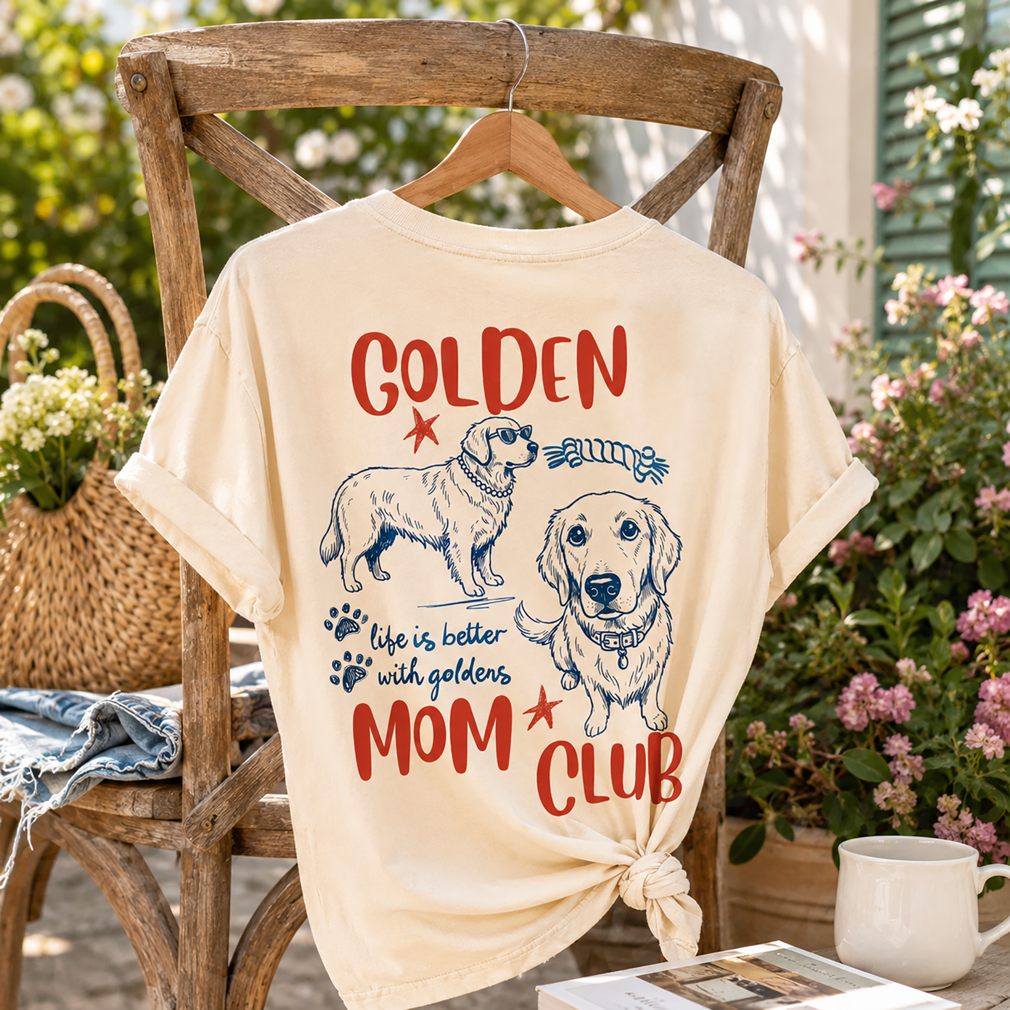 Bojjico Life Is Better With Golden Mom Club Shirt Oversized Graphic Tee Dog Moms Retro Preppy Aesthetic Light Pink Cotton Golden Lover Gift Retro Golden Retriever Dog Mom Tee Unique Gift For Pet Lover Heavyweight Washed T-shirt