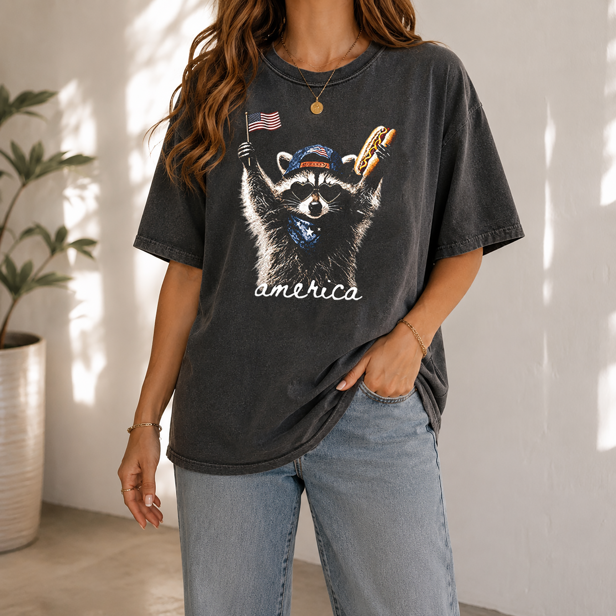 Bojjico Funny America Raccoon T-Shirt Unisex Retro Patriotic Meme Casual Tee Charcoal Grey Soft Cotton Blend Feral And Free 4th of July Shirt USA Independence Day 250 Years Backyard BBQ Stars Stripes Snacks Hot Dog Vintage Graphic Tee