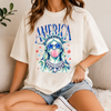 Bojjico America Statue of Liberty Graphic Tee Women's Pop Art Americana Indie Sleaze Pink Cotton Blend T-Shirt, Statue of Liberty Blowing Bubble Gum Shirt, 4th of July 250th Anniversary Outfit, Independence Day Tee America 250.