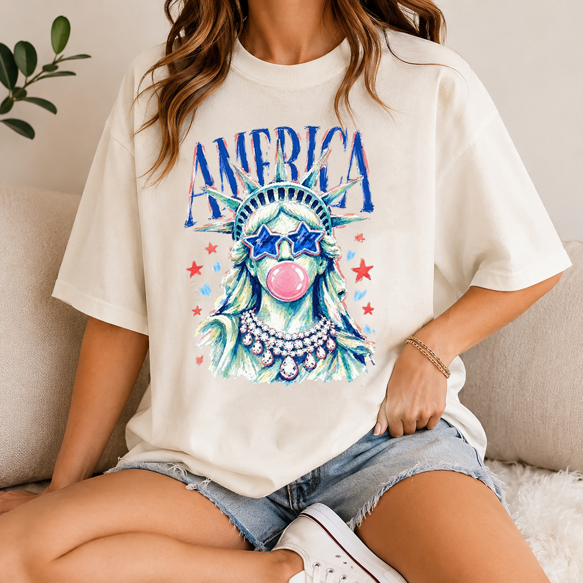 Bojjico America Statue of Liberty Graphic Tee Women's Pop Art Americana Indie Sleaze Pink Cotton Blend T-Shirt, Statue of Liberty Blowing Bubble Gum Shirt, 4th of July 250th Anniversary Outfit, Independence Day Tee America 250.
