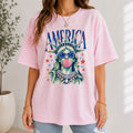 Bojjico America Statue of Liberty Graphic Tee Women's Pop Art Americana Indie Sleaze Pink Cotton Blend T-Shirt, Statue of Liberty Blowing Bubble Gum Shirt, 4th of July 250th Anniversary Outfit, Independence Day Tee America 250.