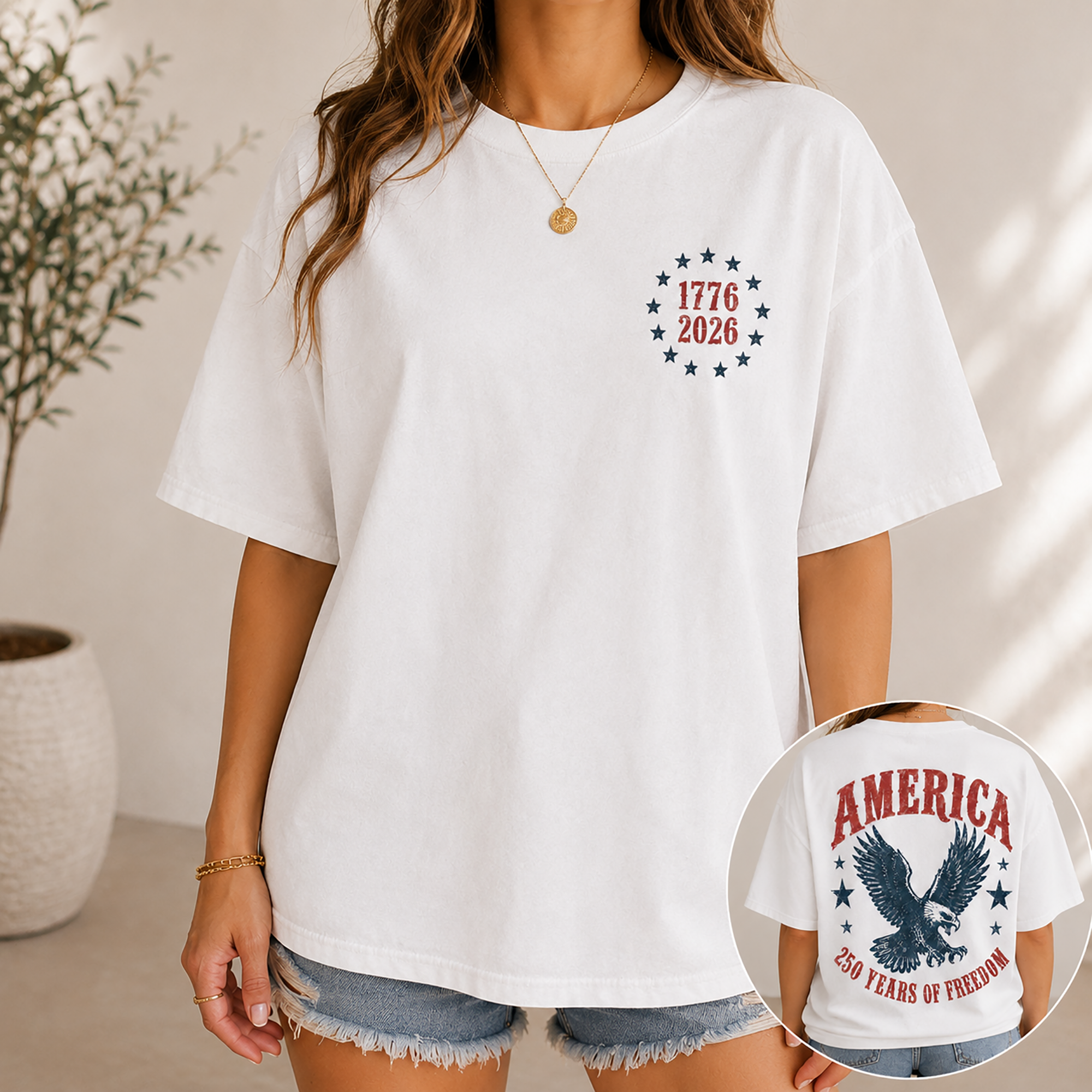 Bojjico Vintage Americana America 250 Years of Freedom Graphic Tee T-Shirt for Women Casual Beige Cotton Oversized Top American Eagle 250th Anniversary 1776 to 2026 Patriotic Western Fourth of July Summer Shirt