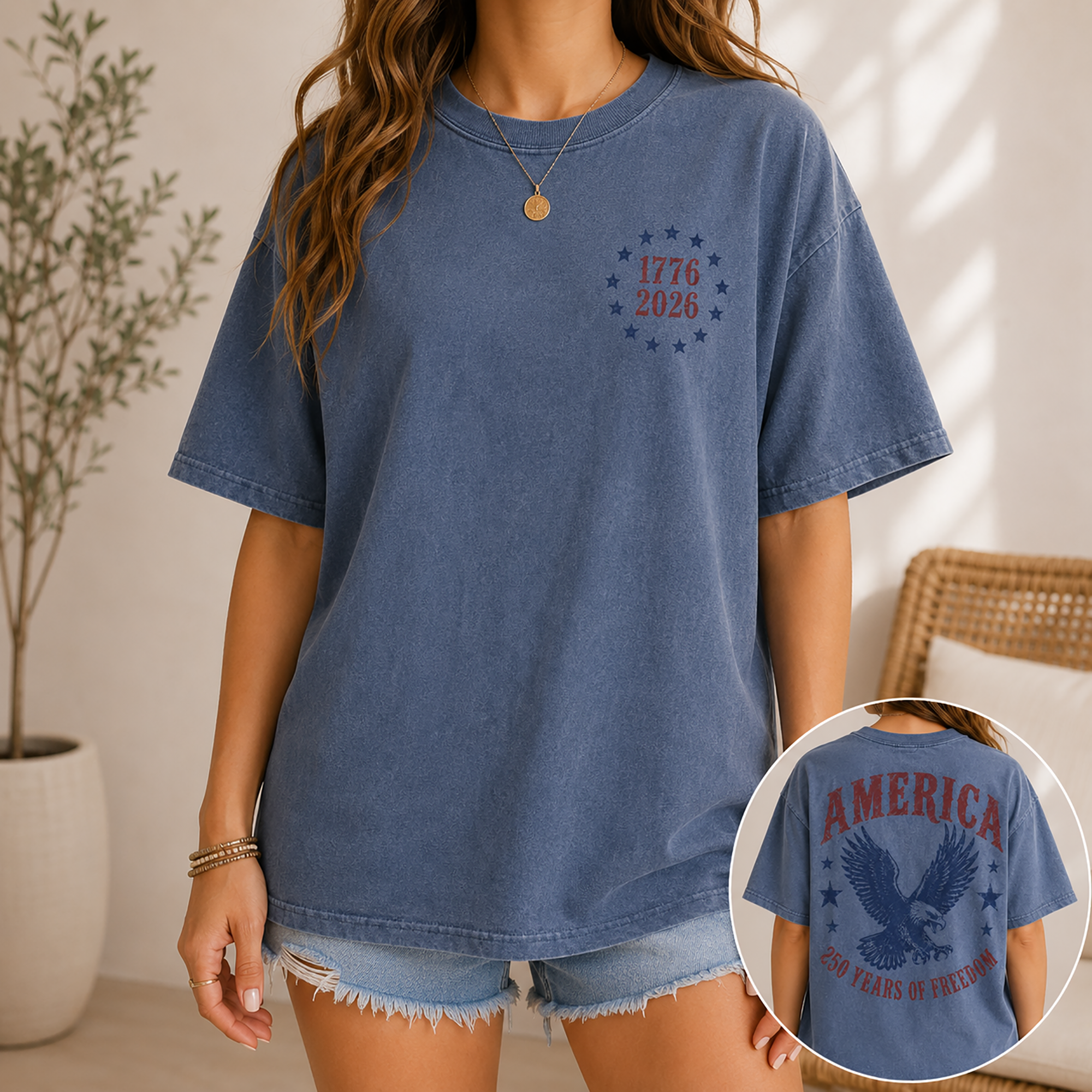 Bojjico Vintage Americana America 250 Years of Freedom Graphic Tee T-Shirt for Women Casual Beige Cotton Oversized Top American Eagle 250th Anniversary 1776 to 2026 Patriotic Western Fourth of July Summer Shirt