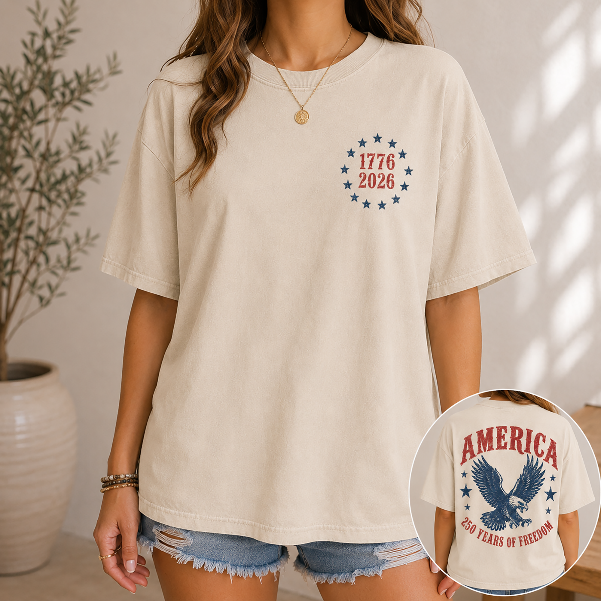 Bojjico Vintage Americana America 250 Years of Freedom Graphic Tee T-Shirt for Women Casual Beige Cotton Oversized Top American Eagle 250th Anniversary 1776 to 2026 Patriotic Western Fourth of July Summer Shirt
