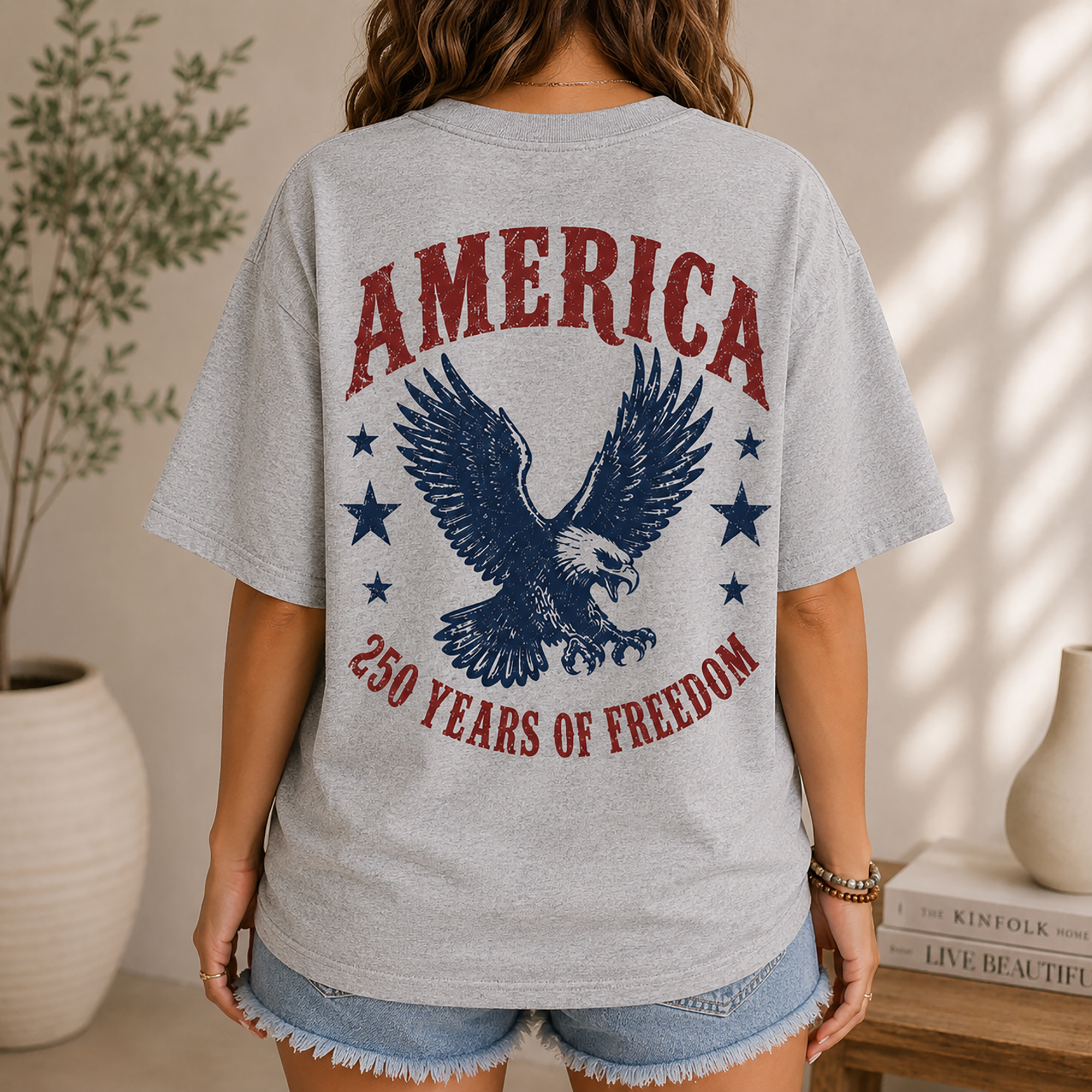 Bojjico Vintage Americana America 250 Years of Freedom Graphic Tee T-Shirt for Women Casual Beige Cotton Oversized Top American Eagle 250th Anniversary 1776 to 2026 Patriotic Western Fourth of July Summer Shirt