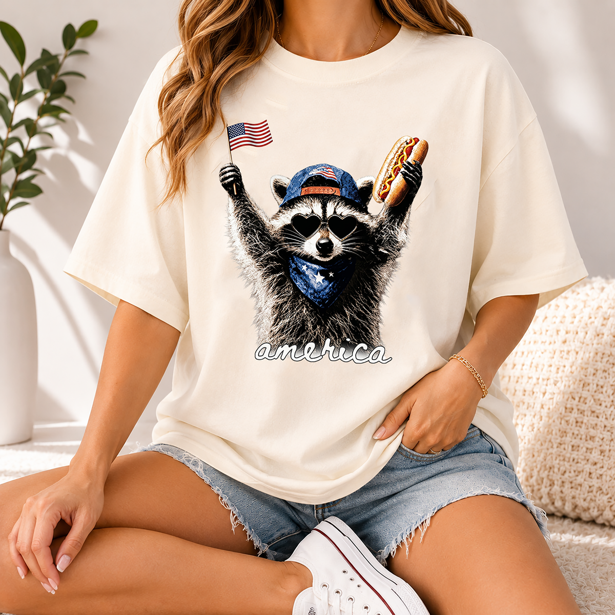 An off-white t-shirt with a vintage raccoon graphic showing the animal holding an American flag and hot dog.