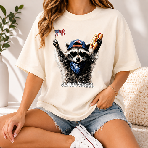 Bojjico Funny America Raccoon T-Shirt Unisex Retro Patriotic Meme Casual Tee Charcoal Grey Soft Cotton Blend Feral And Free 4th of July Shirt USA Independence Day 250 Years Backyard BBQ Stars Stripes Snacks Hot Dog Vintage Graphic Tee