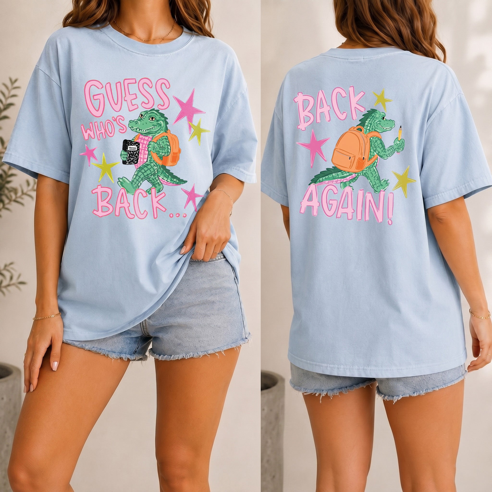 Bojjico Guess Who's Back Again Two Sided T-Shirt For Women Teachers Y2K Kidcore Aesthetic Yellow Cotton Tee Funny Back To School Alligator Graphic Top Retro Star Print Casual Preppy Gag Gift Meme Quote Everyday Apparel