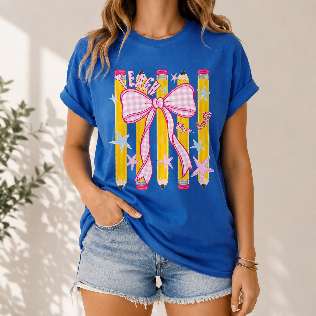 Bojjico Custom Teacher Shirt Oversized Tee For Teachers Coquette Preppy Aesthetic Mint Green Cotton Personalized Grade Pencil Bow Graphic Back To School First Day Teacher Appreciation Team Matching