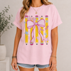 Bojjico Custom Teacher Shirt Oversized Tee For Teachers Coquette Preppy Aesthetic Mint Green Cotton Personalized Grade Pencil Bow Graphic Back To School First Day Teacher Appreciation Team Matching