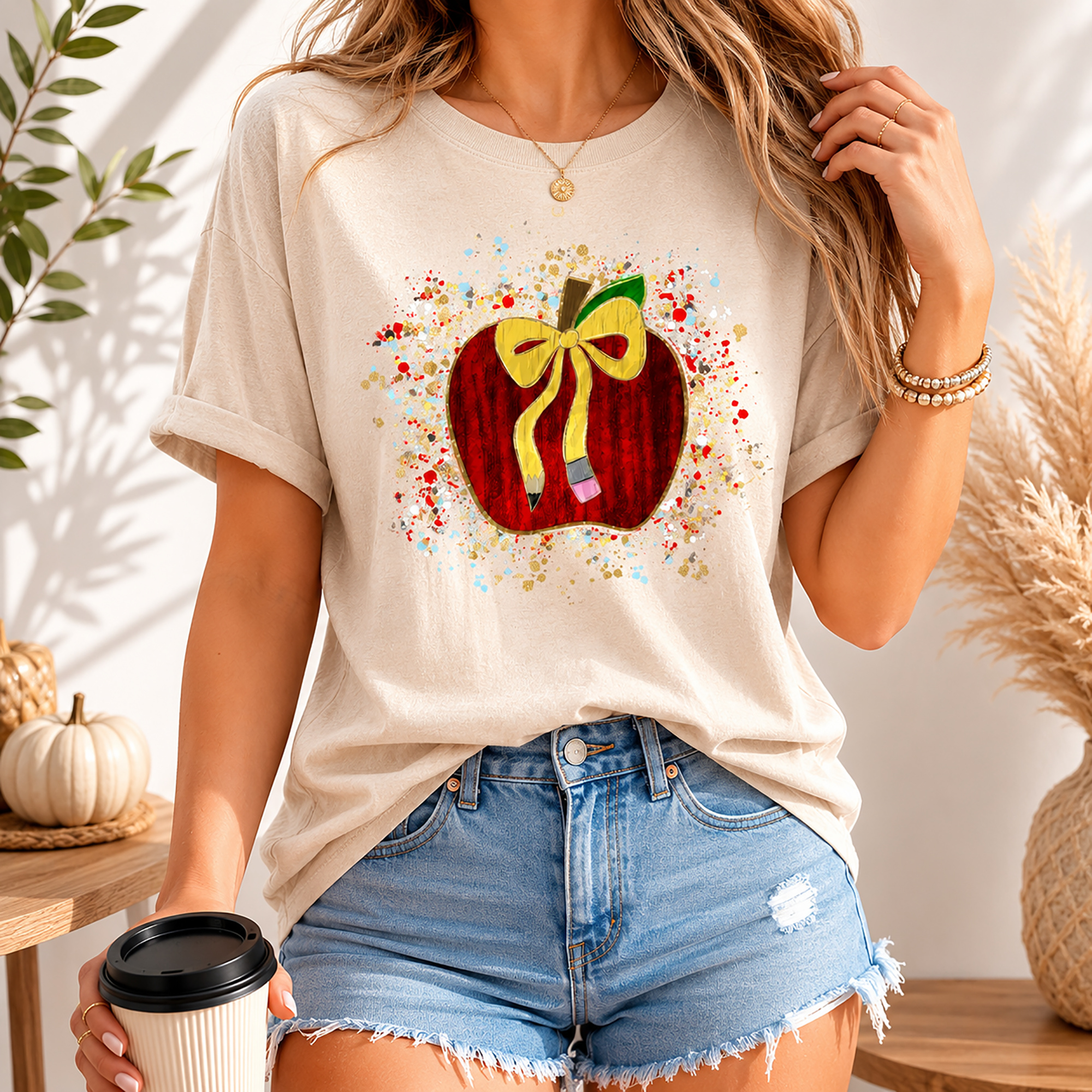 Bojjico Apple Paint Splatter Teacher Back To School Gift Graphic T-Shirt For Women Teachers Artsy Teacher Core Retro Beige Cotton Tee With Pencil Bow Cute Preppy Teacher Appreciation Shirt Kindergarten Educator Top First Day Meet Your Class Outfit