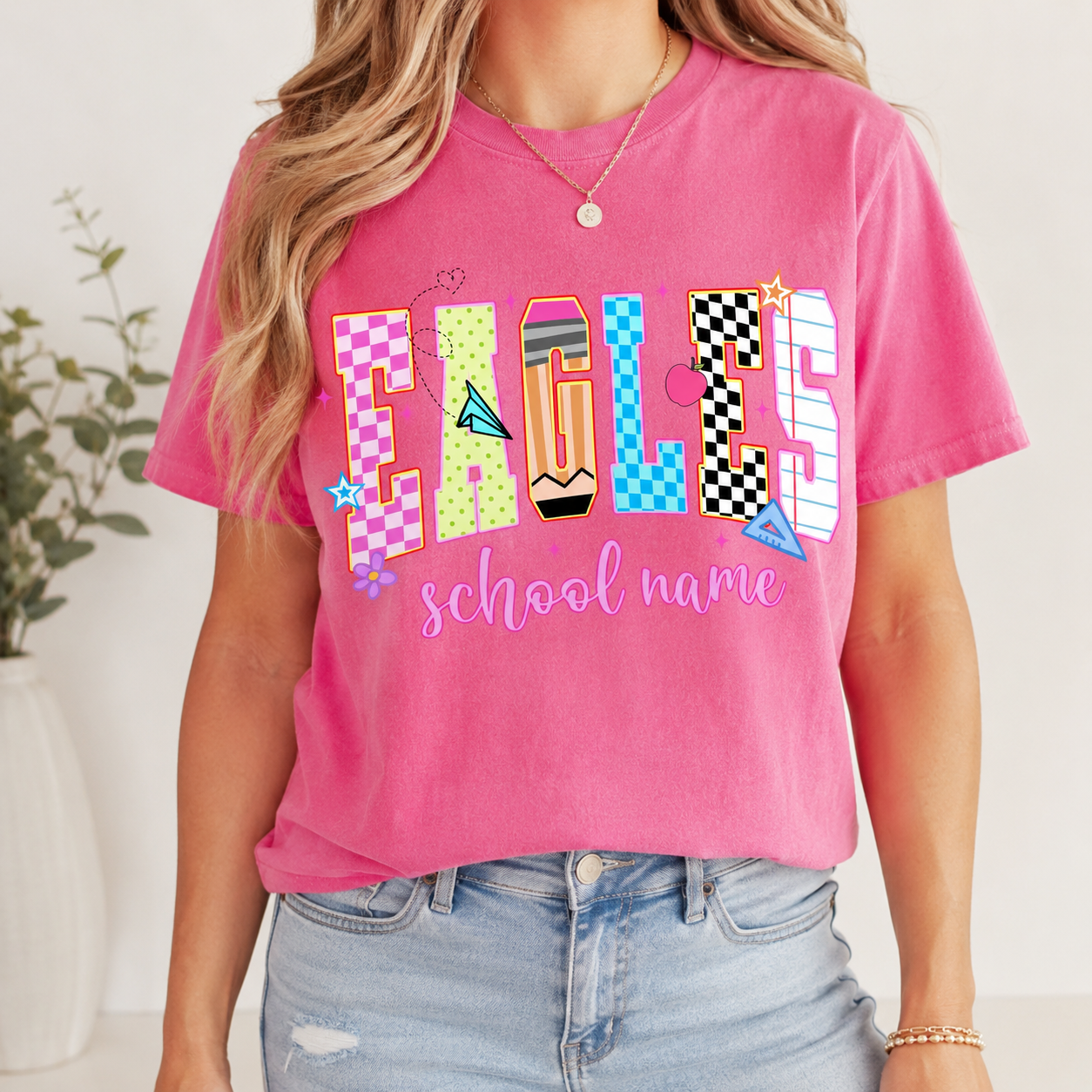 Bojjico Custom School Mascot Graphic T-Shirt For Teachers Students Preppy Y2K Retro Back To School Light Blue Cotton Tee Personalized School Name Eagles Spirit Shirt Team Game Day Outfit Cheer Mom