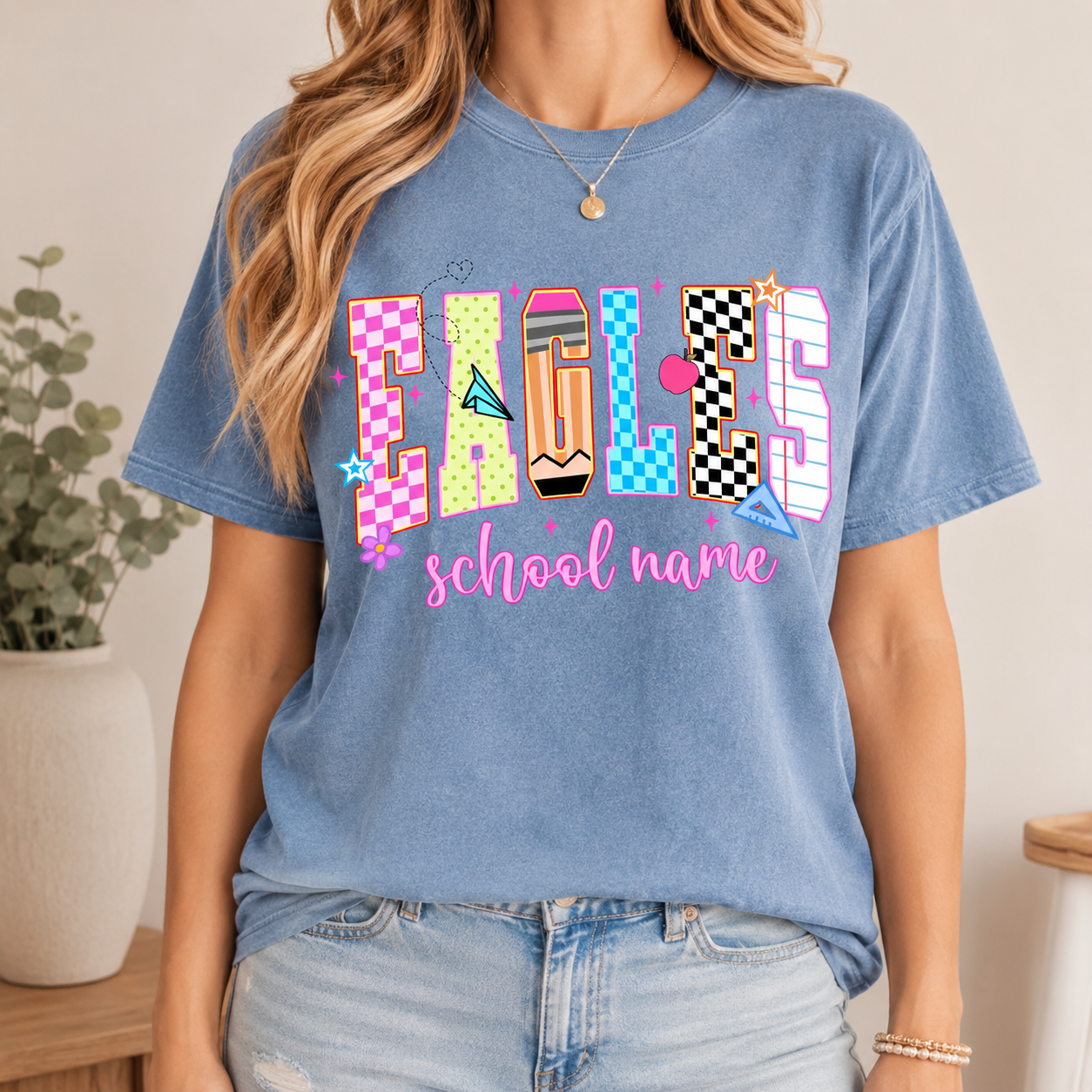 Bojjico Custom School Mascot Graphic T-Shirt For Teachers Students Preppy Y2K Retro Back To School Light Blue Cotton Tee Personalized School Name Eagles Spirit Shirt Team Game Day Outfit Cheer Mom