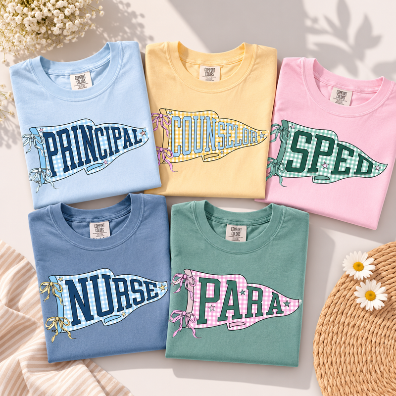 Bojjico Teacher Team Back To School Graphic T-Shirts School Staff Preppy Coquette Vintage Cotton Pastel Nurse Principal Sped Counselor Para Pennant Flag Pink Bow First Day Fits Custom Group Tee