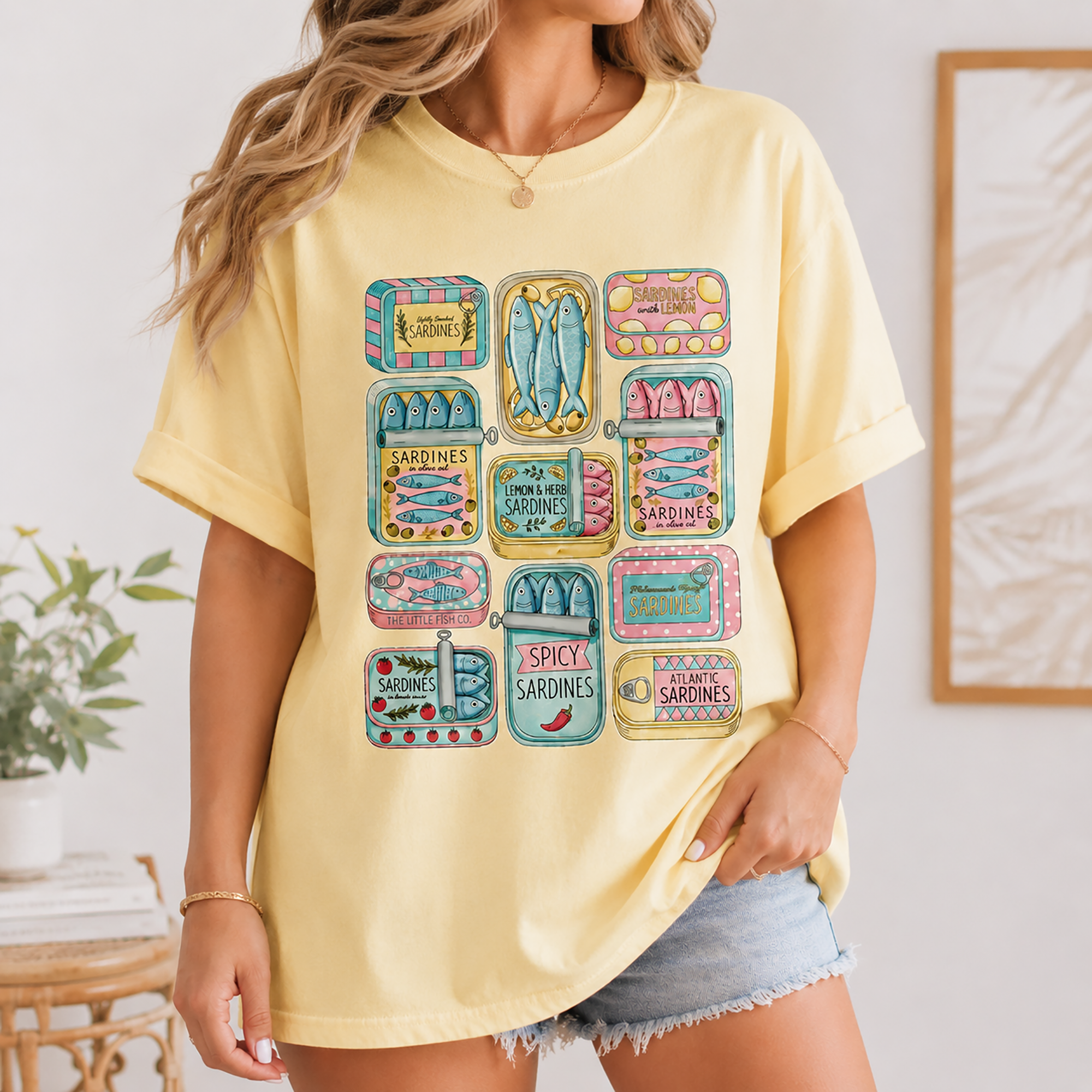 Bojjico Women's Sardine Collage Summer Tee Oversized Graphic T-Shirt Preppy Sardine-Core Coastal Grandmother Fisherman Aesthetic Mint Green Cotton Top Vintage Tinned Fish Graphic Quirky Foodie Portugal Vacation Shirt