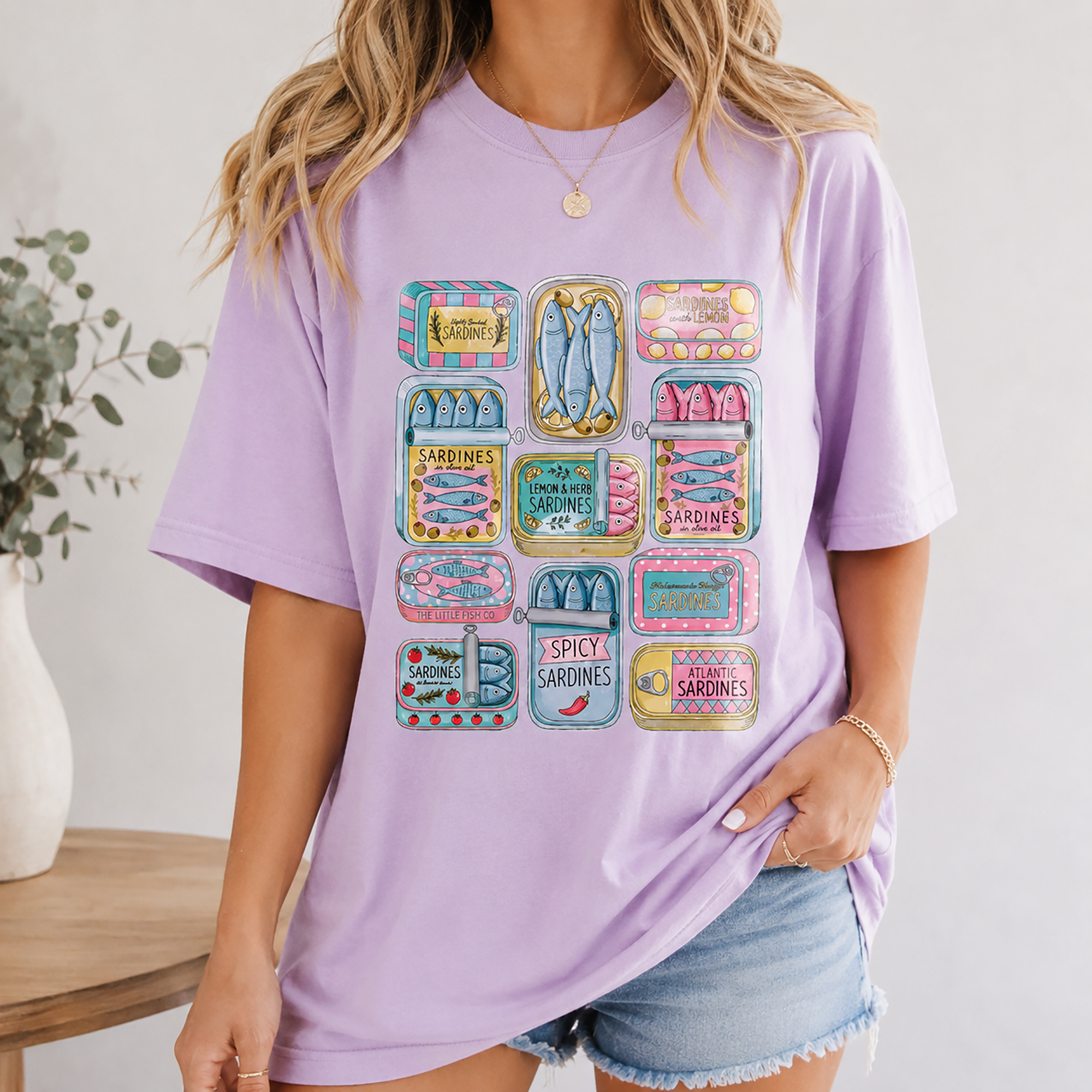 Bojjico Women's Sardine Collage Summer Tee Oversized Graphic T-Shirt Preppy Sardine-Core Coastal Grandmother Fisherman Aesthetic Mint Green Cotton Top Vintage Tinned Fish Graphic Quirky Foodie Portugal Vacation Shirt