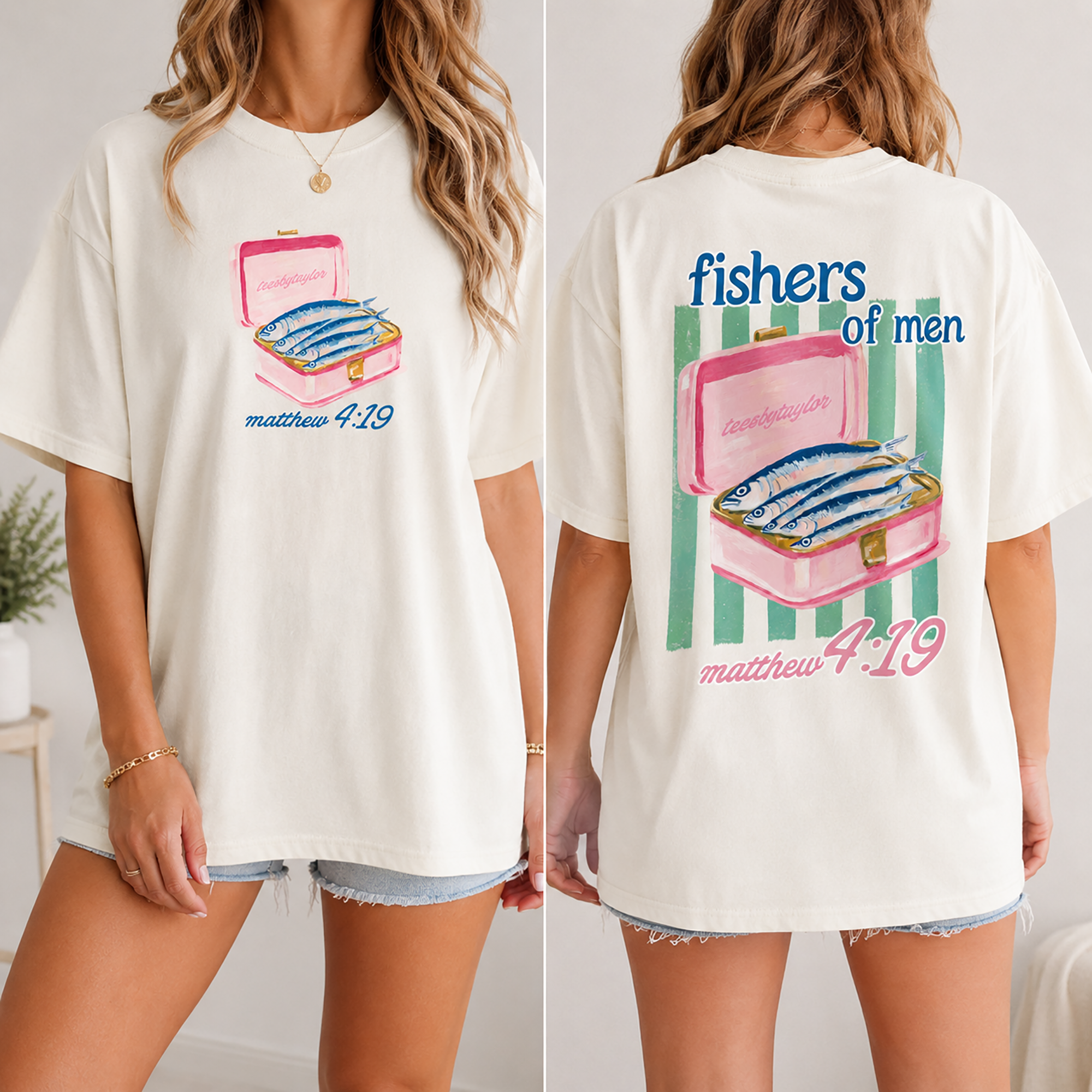 Bojjico Sardine Fishers of Men Oversized Graphic T-Shirt for Women Preppy Christian Coastal Tinned Fish Aesthetic Pastel Yellow Cotton Matthew 4:19 Bible Verse Tee Sardine Girl Summer Trendy Streetwear Pump Cover