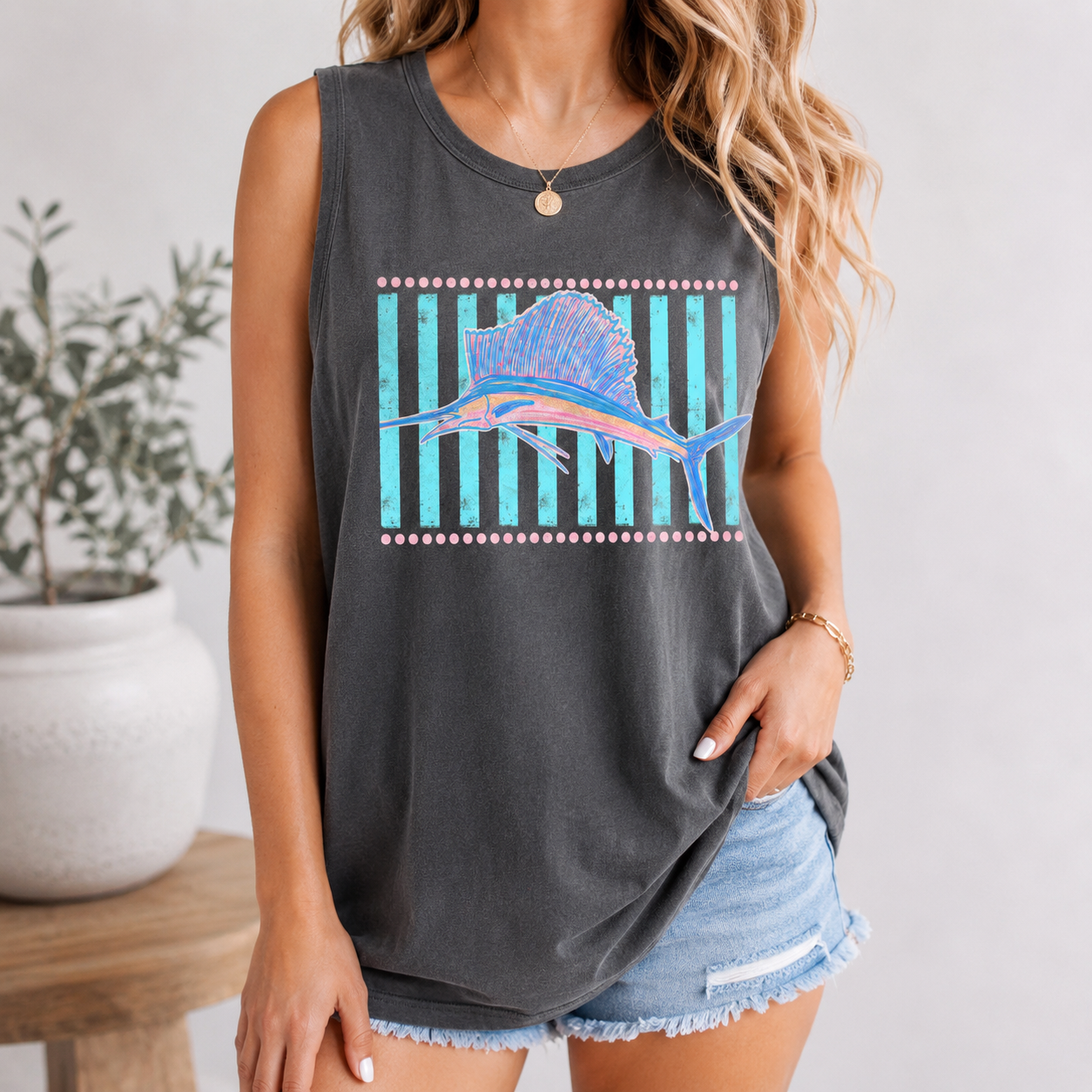 BojjiCo Retro Sailfish Shirt Tank Top for Men Coastal Tropical Beachcore Aesthetic Purple Cotton Teal Pink Graphic Deep Sea Fishing Beach Vacation Apparel Sleeveless Marlin Sportfishing Vintage Fisherman Dad Gifts Summer Graphic Tee
