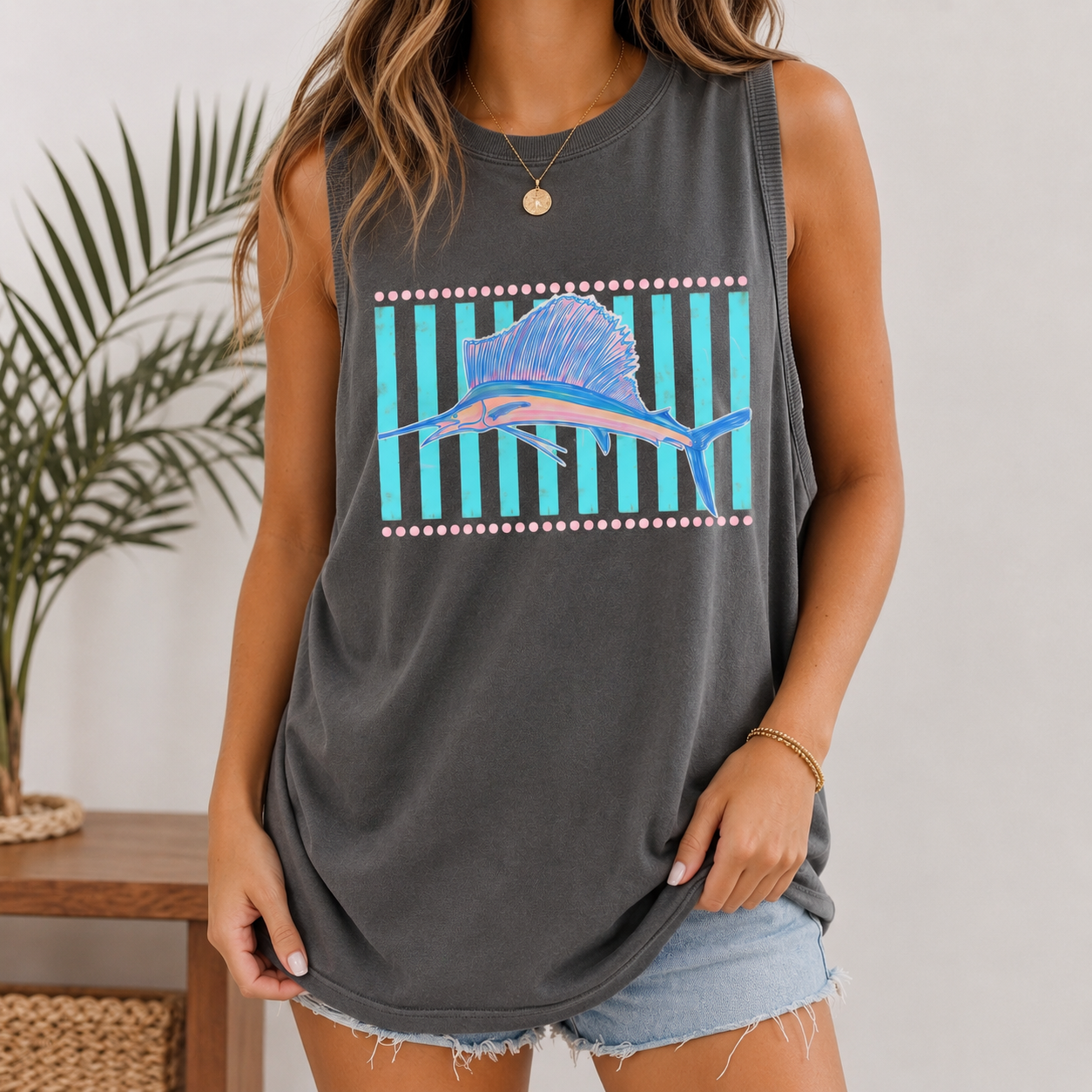 BojjiCo Retro Sailfish Shirt Tank Top for Men Coastal Tropical Beachcore Aesthetic Purple Cotton Teal Pink Graphic Deep Sea Fishing Beach Vacation Apparel Sleeveless Marlin Sportfishing Vintage Fisherman Dad Gifts Summer Graphic Tee
