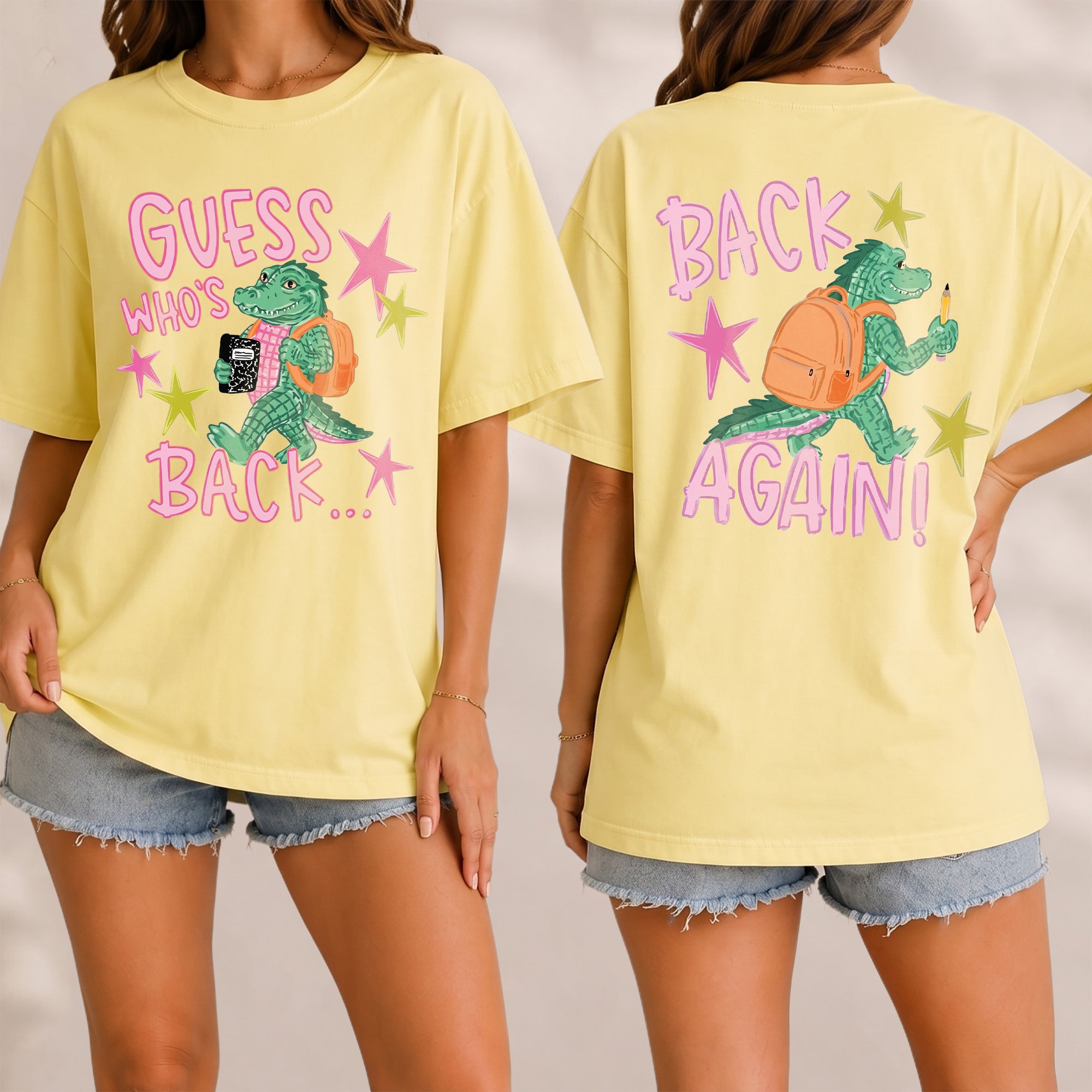 Bojjico Guess Who's Back Again Two Sided T-Shirt For Women Teachers Y2K Kidcore Aesthetic Yellow Cotton Tee Funny Back To School Alligator Graphic Top Retro Star Print Casual Preppy Gag Gift Meme Quote Everyday Apparel