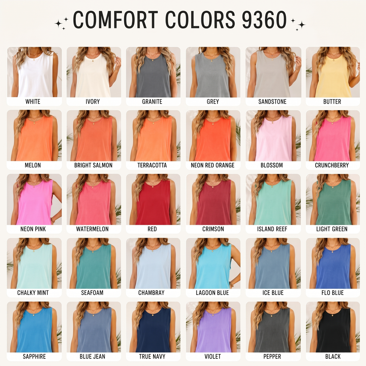 A color swatch chart displaying all available Comfort Colors tank top shades labeled with their respective color names.