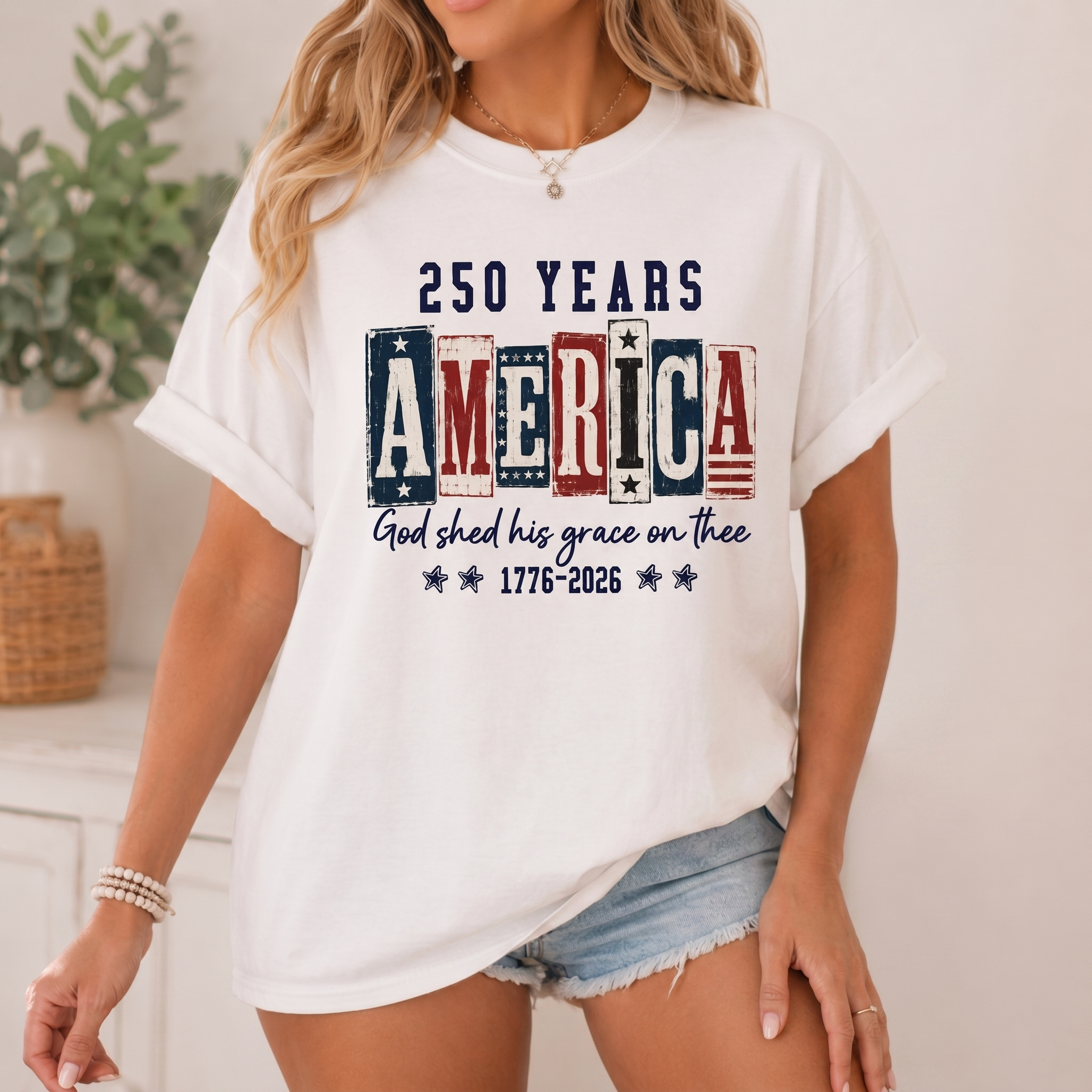 Bojjico America 250 Years God Shed His Grace On Thee Shirt Graphic T-Shirt For Women Vintage Americana Patriotic White Cotton Relaxed Fit Christian American Flag Tee 1776-2026 Semiquincentennial Fourth Of July Faith And Freedom USA Anniversary Apparel