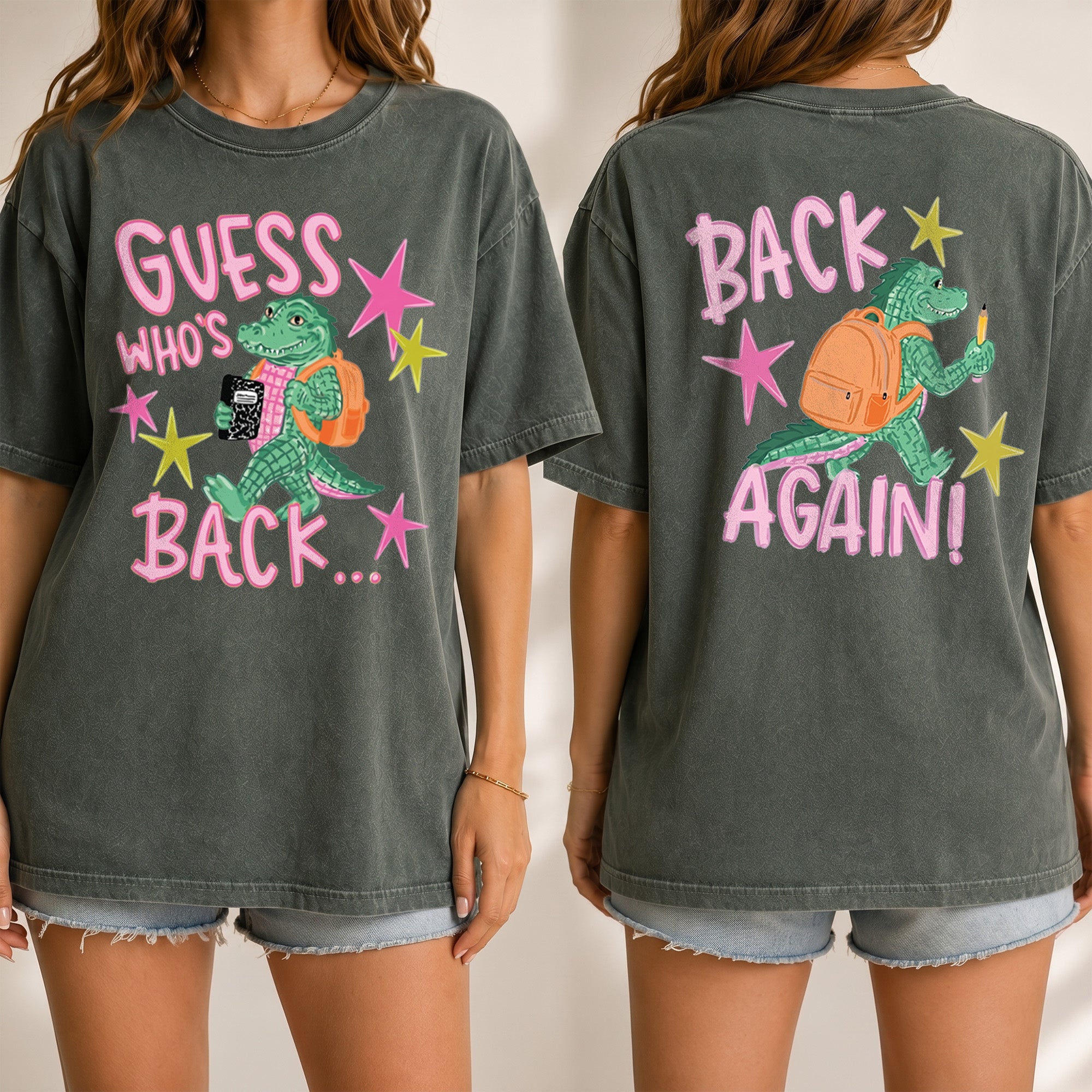 Bojjico Guess Who's Back Again Two Sided T-Shirt For Women Teachers Y2K Kidcore Aesthetic Yellow Cotton Tee Funny Back To School Alligator Graphic Top Retro Star Print Casual Preppy Gag Gift Meme Quote Everyday Apparel
