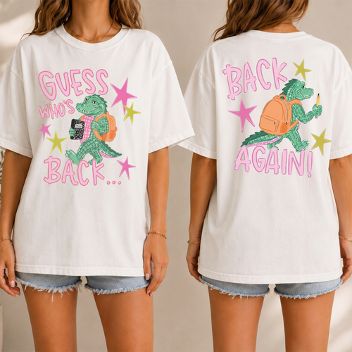 Bojjico Guess Who's Back Again Two Sided T-Shirt For Women Teachers Y2K Kidcore Aesthetic Yellow Cotton Tee Funny Back To School Alligator Graphic Top Retro Star Print Casual Preppy Gag Gift Meme Quote Everyday Apparel