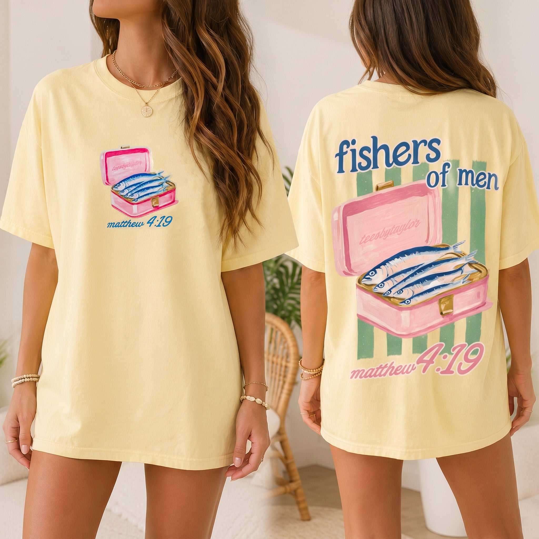 Bojjico Sardine Fishers of Men Oversized Graphic T-Shirt for Women Preppy Christian Coastal Tinned Fish Aesthetic Pastel Yellow Cotton Matthew 4:19 Bible Verse Tee Sardine Girl Summer Trendy Streetwear Pump Cover