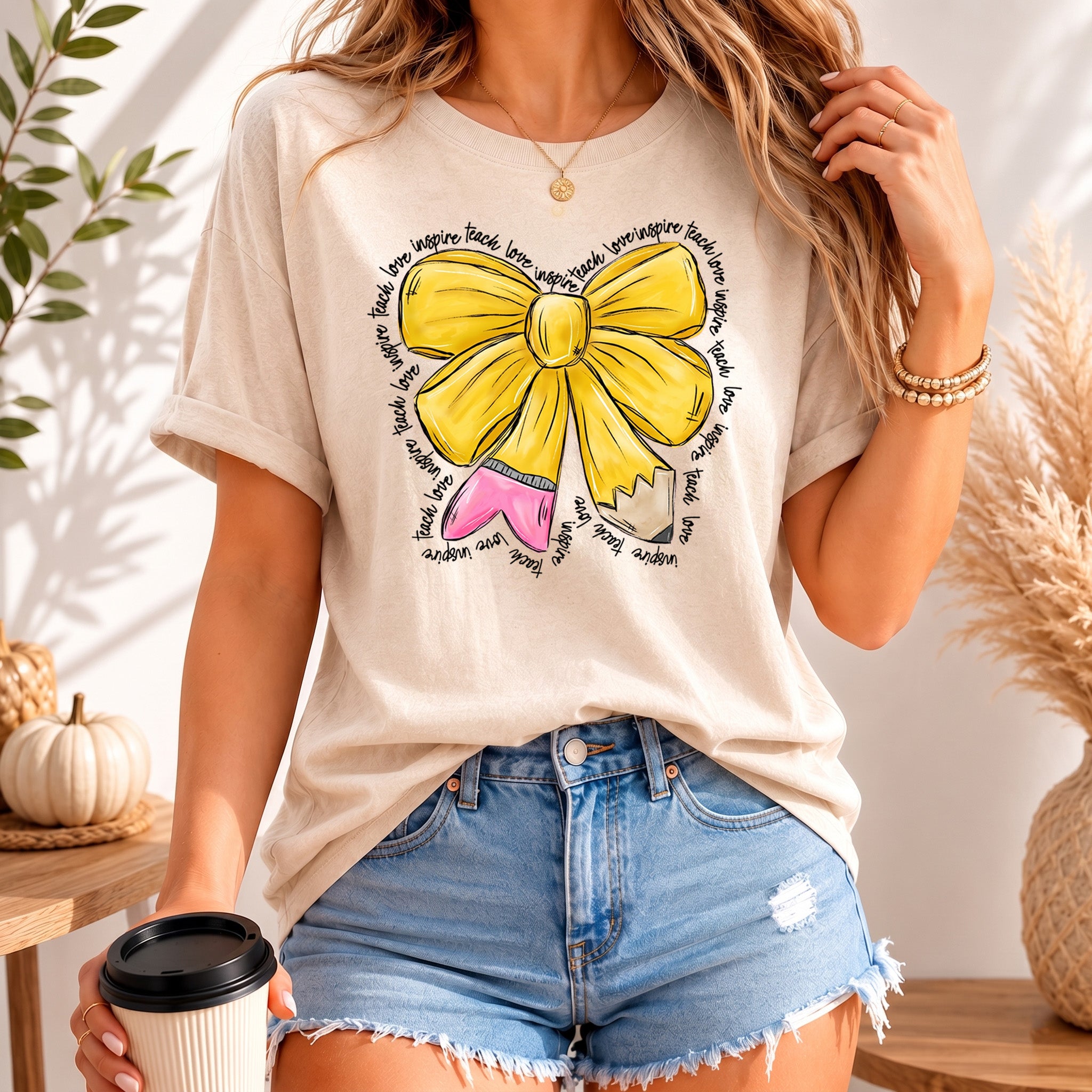 Bojjico Teach Love Inspire Pencil Bow Teachers Shirt Graphic Tee for Teachers Coquette Preppy Teacher Core Pastel Pink Cotton Back to School Teacher Appreciation Cute Outfit Oversized Comfort T-Shirt Gift for Educator 100 Days of School Retro Apparel