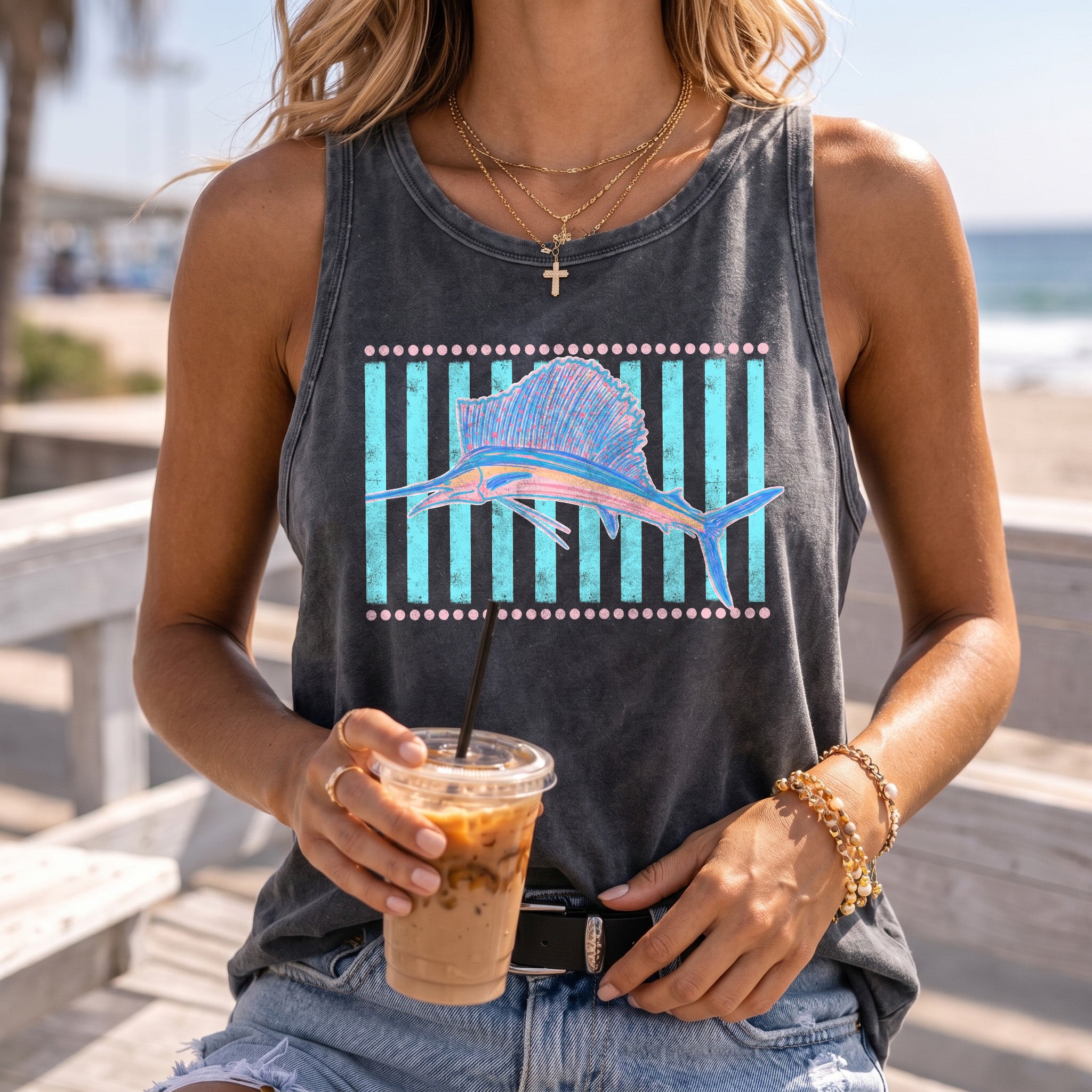 BojjiCo Retro Sailfish Shirt Tank Top for Men Coastal Tropical Beachcore Aesthetic Purple Cotton Teal Pink Graphic Deep Sea Fishing Beach Vacation Apparel Sleeveless Marlin Sportfishing Vintage Fisherman Dad Gifts Summer Graphic Tee