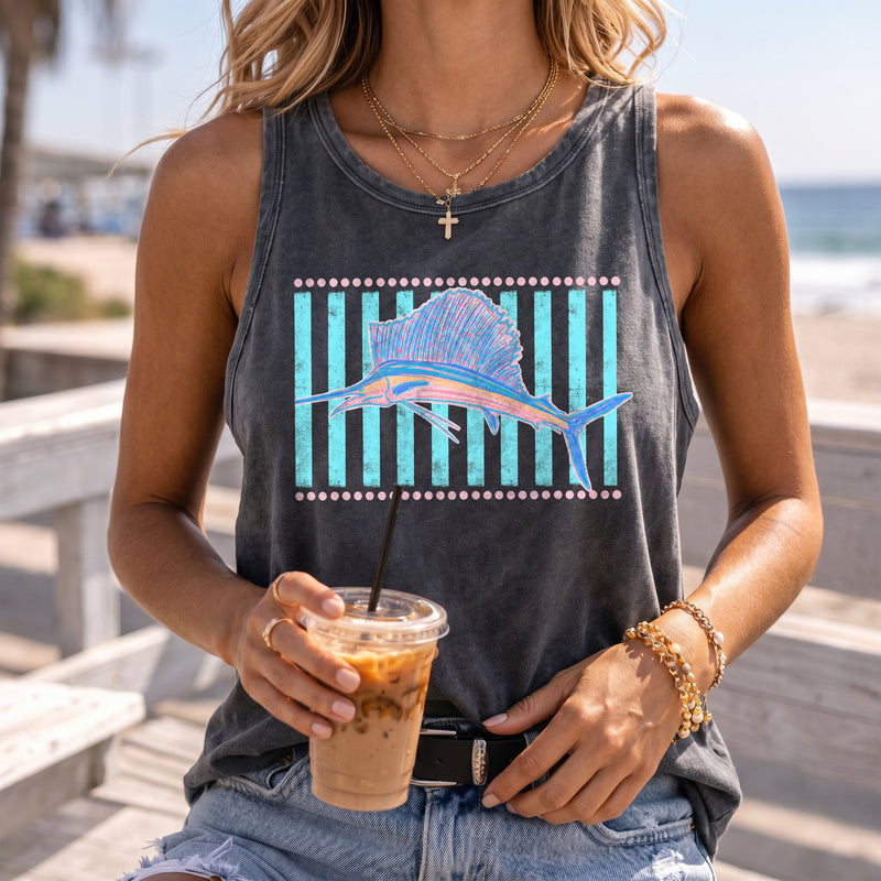 BojjiCo Retro Sailfish Shirt Tank Top for Men Coastal Tropical Beachcore Aesthetic Purple Cotton Teal Pink Graphic Deep Sea Fishing Beach Vacation Apparel Sleeveless Marlin Sportfishing Vintage Fisherman Dad Gifts Summer Graphic Tee