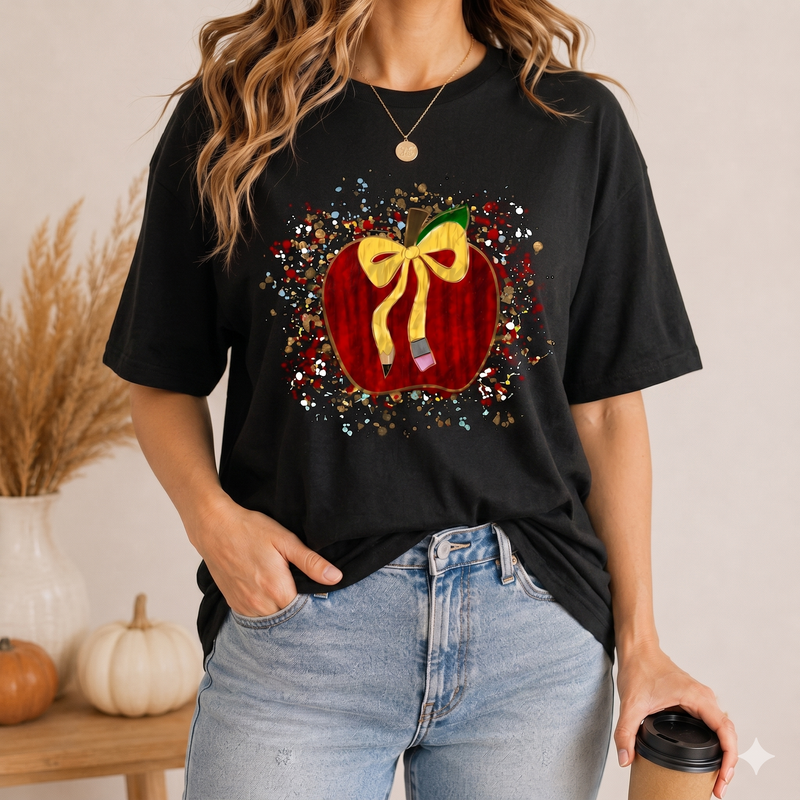 Bojjico Apple Paint Splatter Teacher Back To School Gift Graphic T-Shirt For Women Teachers Artsy Teacher Core Retro Beige Cotton Tee With Pencil Bow Cute Preppy Teacher Appreciation Shirt Kindergarten Educator Top First Day Meet Your Class Outfit