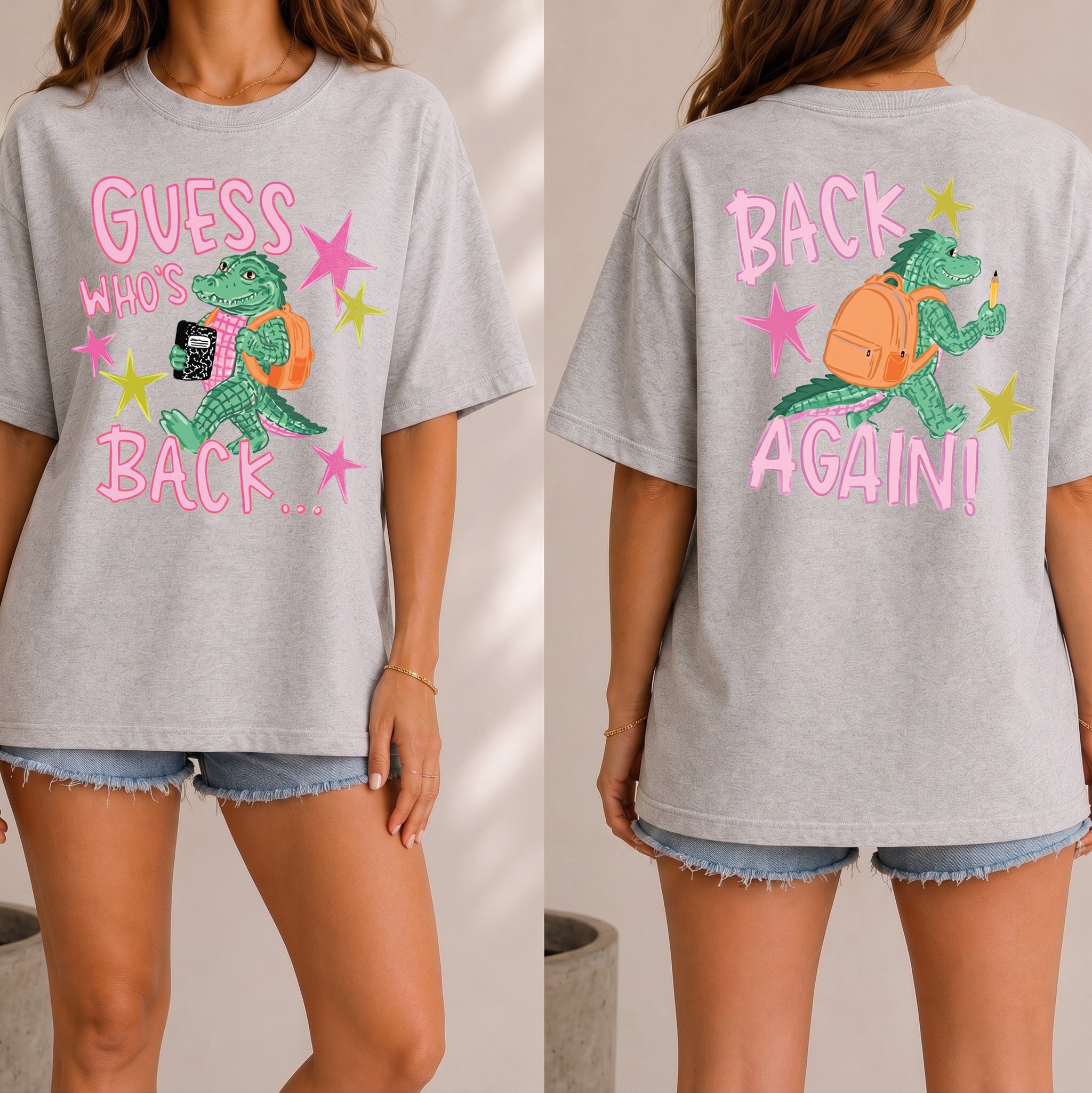 Bojjico Guess Who's Back Again Two Sided T-Shirt For Women Teachers Y2K Kidcore Aesthetic Yellow Cotton Tee Funny Back To School Alligator Graphic Top Retro Star Print Casual Preppy Gag Gift Meme Quote Everyday Apparel